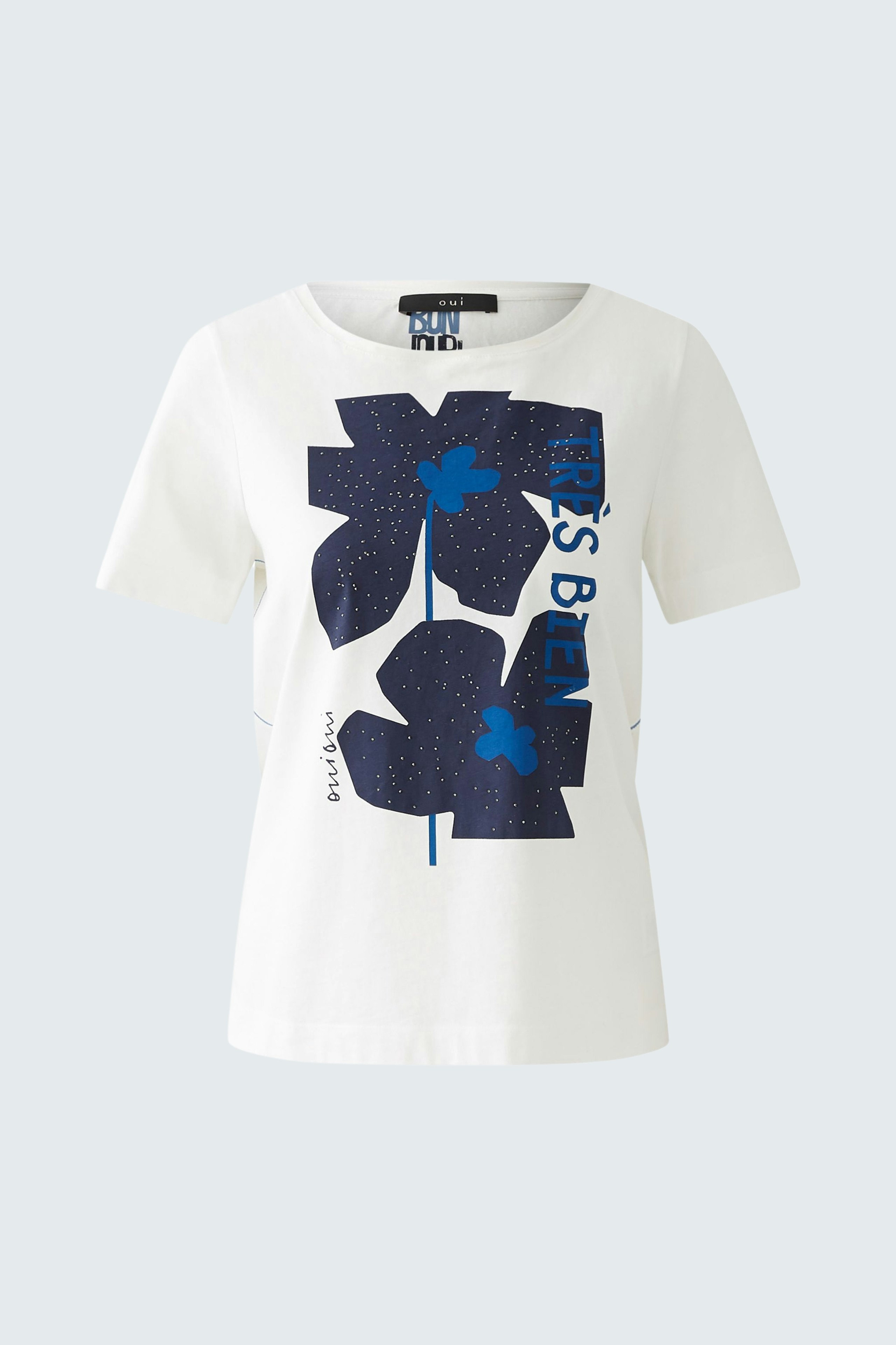 Weißes Damen-T-Shirt mit floralem Druck in Blau, lässig und modern.