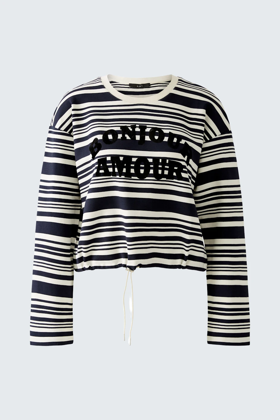 Stylish women's pullover: Navy striped pullover with 'Bonjour Amour' print and drawstring detail.