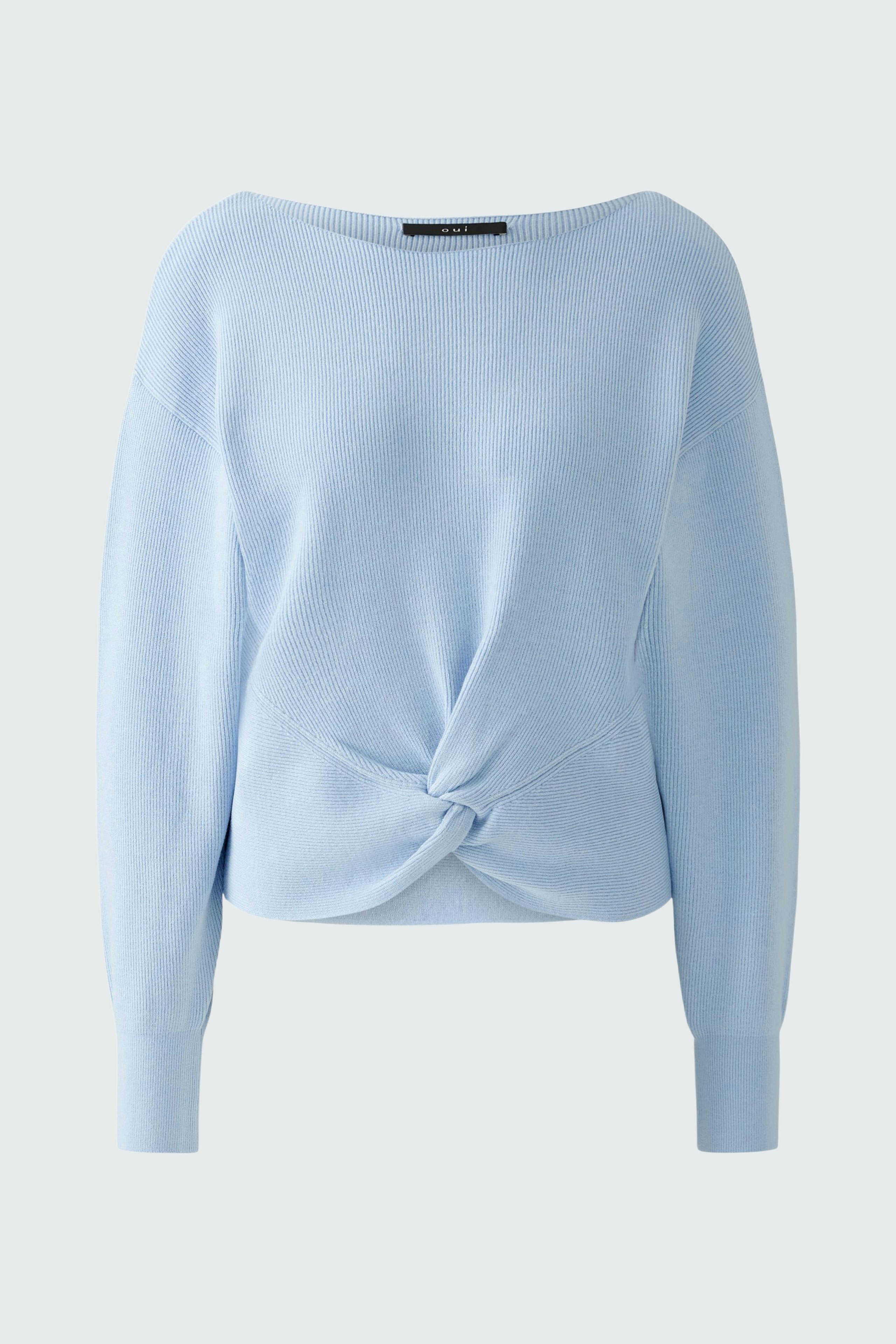 Light blue pullover: A stylish women's pullover with a knot detail, perfect for casual outfits.