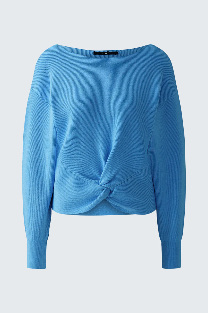 Stylish women's pullover in soft blue with a trendy knotted front design.