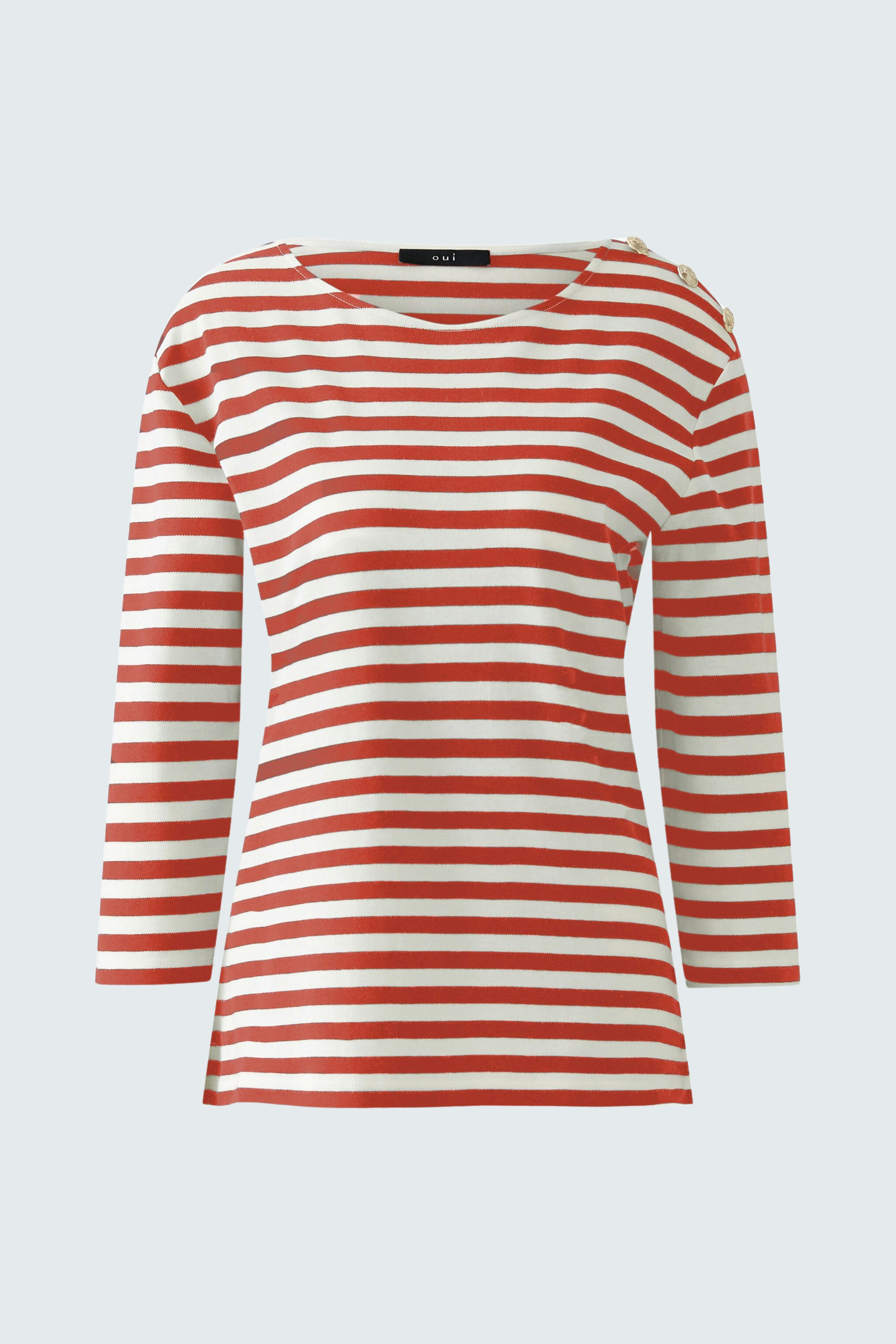 Lässiges Langarmshirt: Damenoberteil mit roten und weißen Streifen, ideal für einen entspannten Look.