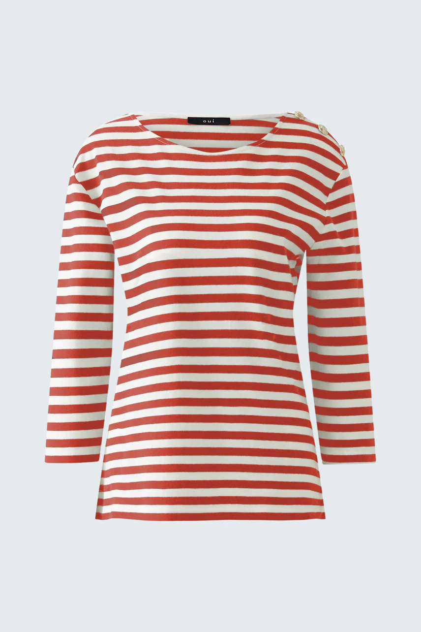 Stylish women's long-sleeve shirt: Red and white striped design, perfect for casual wear.
