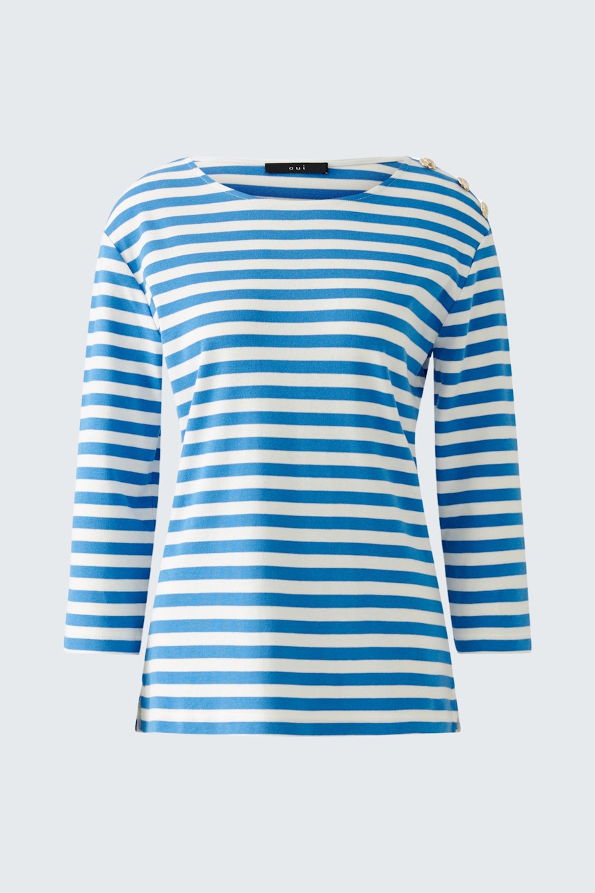 Stylish women's long-sleeve shirt: Blue and white striped design, perfect for casual wear.