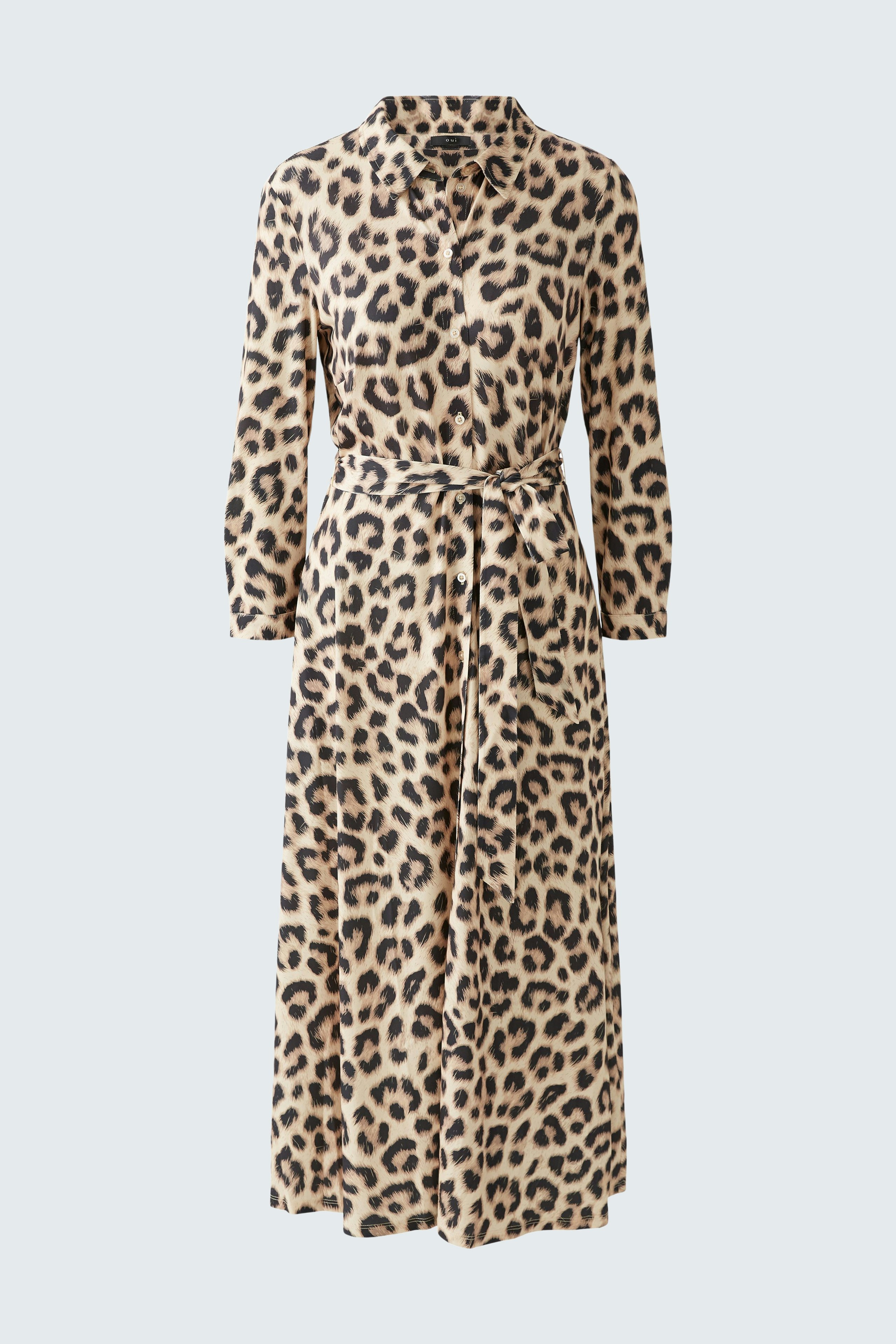 Leopard print shirt dress with a belted waist, perfect for stylish casual wear.