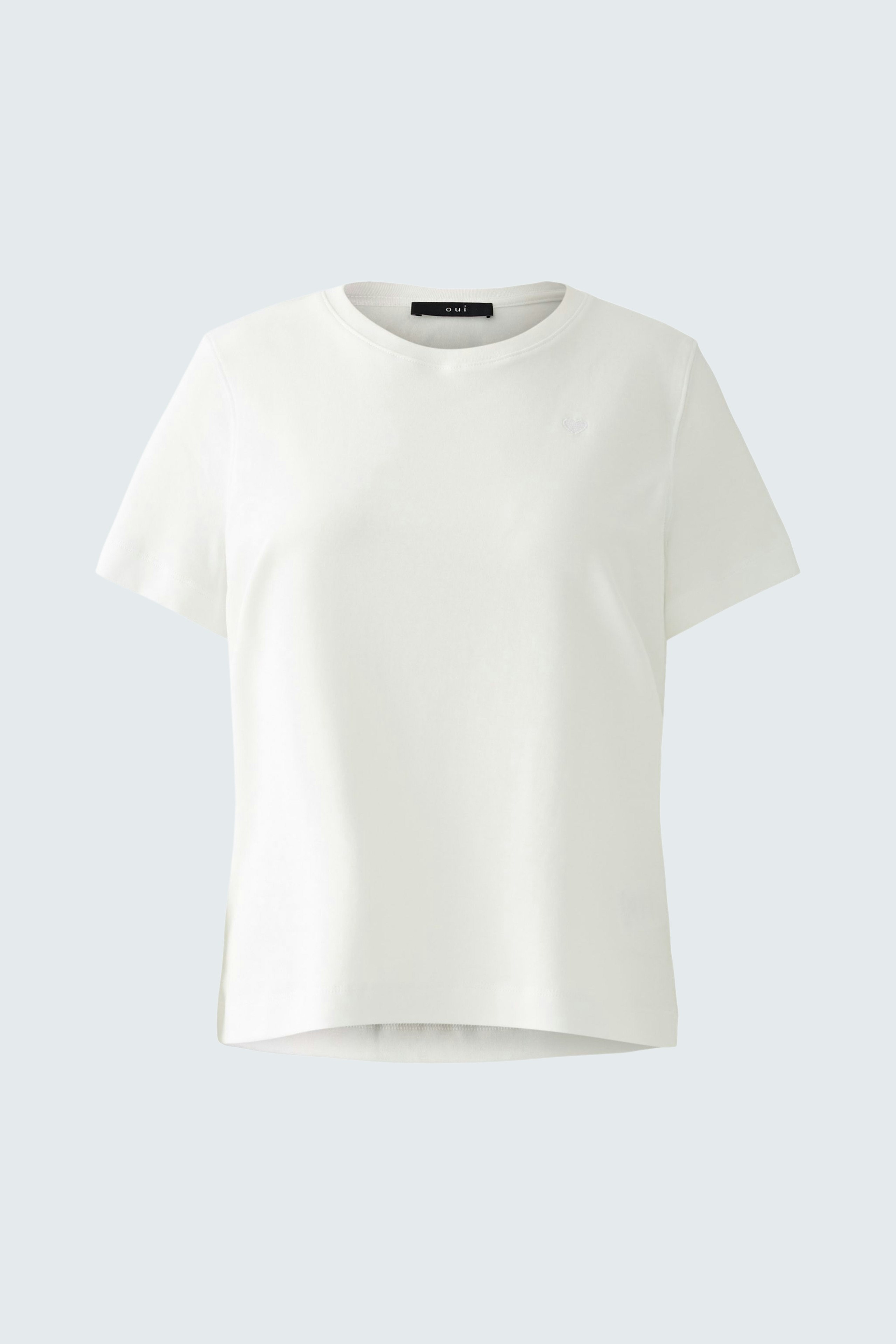 Weißes Damen-T-Shirt mit kurzen Ärmeln, lässiger Passform und dezentem Logo auf der Brust.