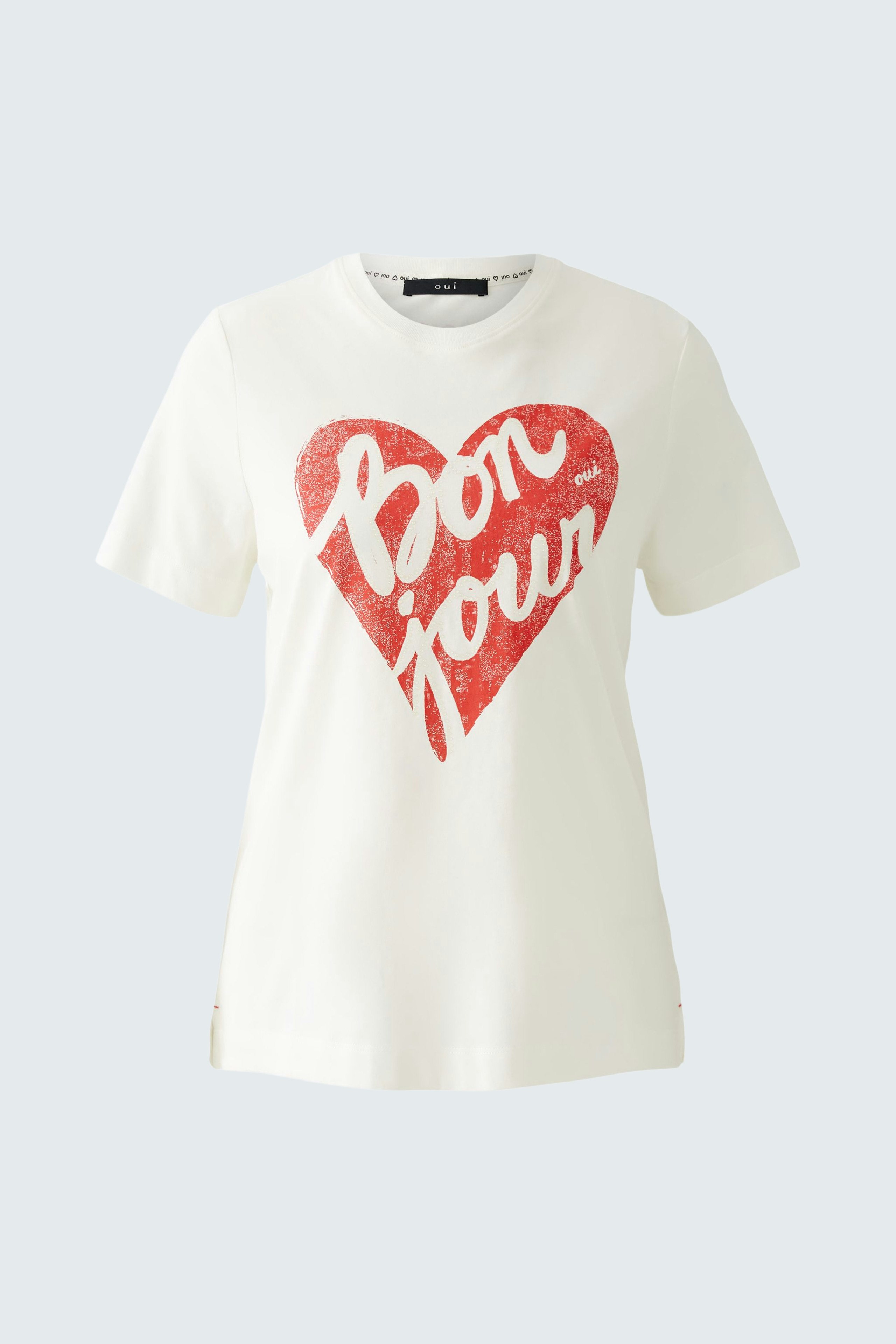 Stylish women's T-shirt: White tee with a red heart and 'Bonjour' print, perfect for casual wear.