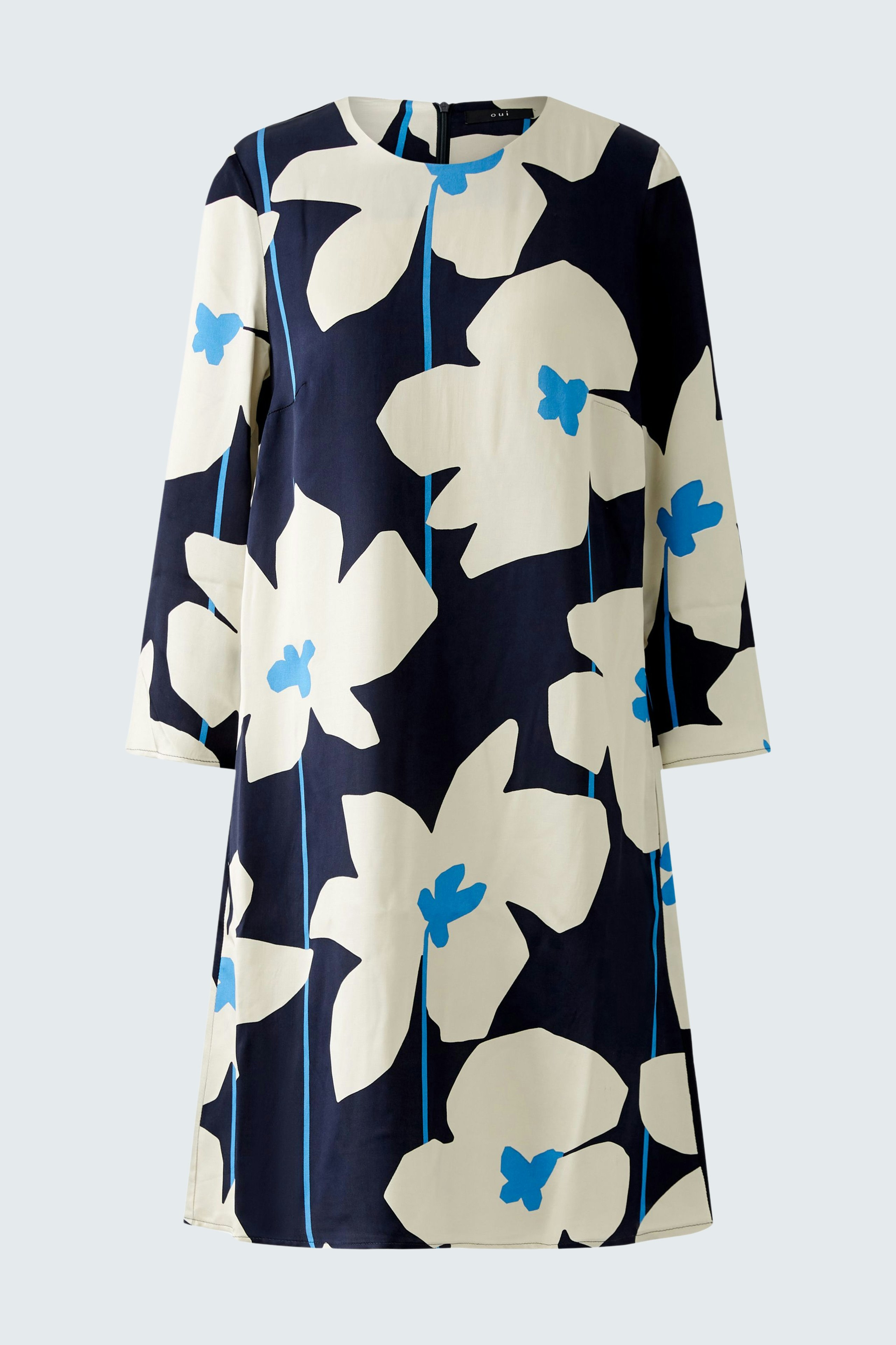 A-Linien-Kleid in navy mit großem Blumenmuster. Ideal für einen lässigen, eleganten Look.