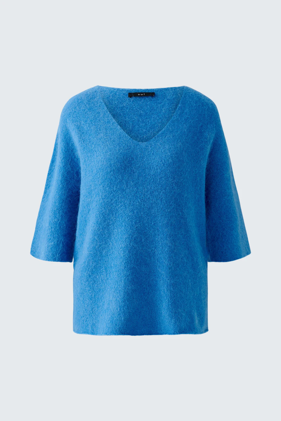 Eleganter Damen-Pullover: Blauer, weicher V-Ausschnitt-Pullover mit lässigen, weiten Ärmeln.