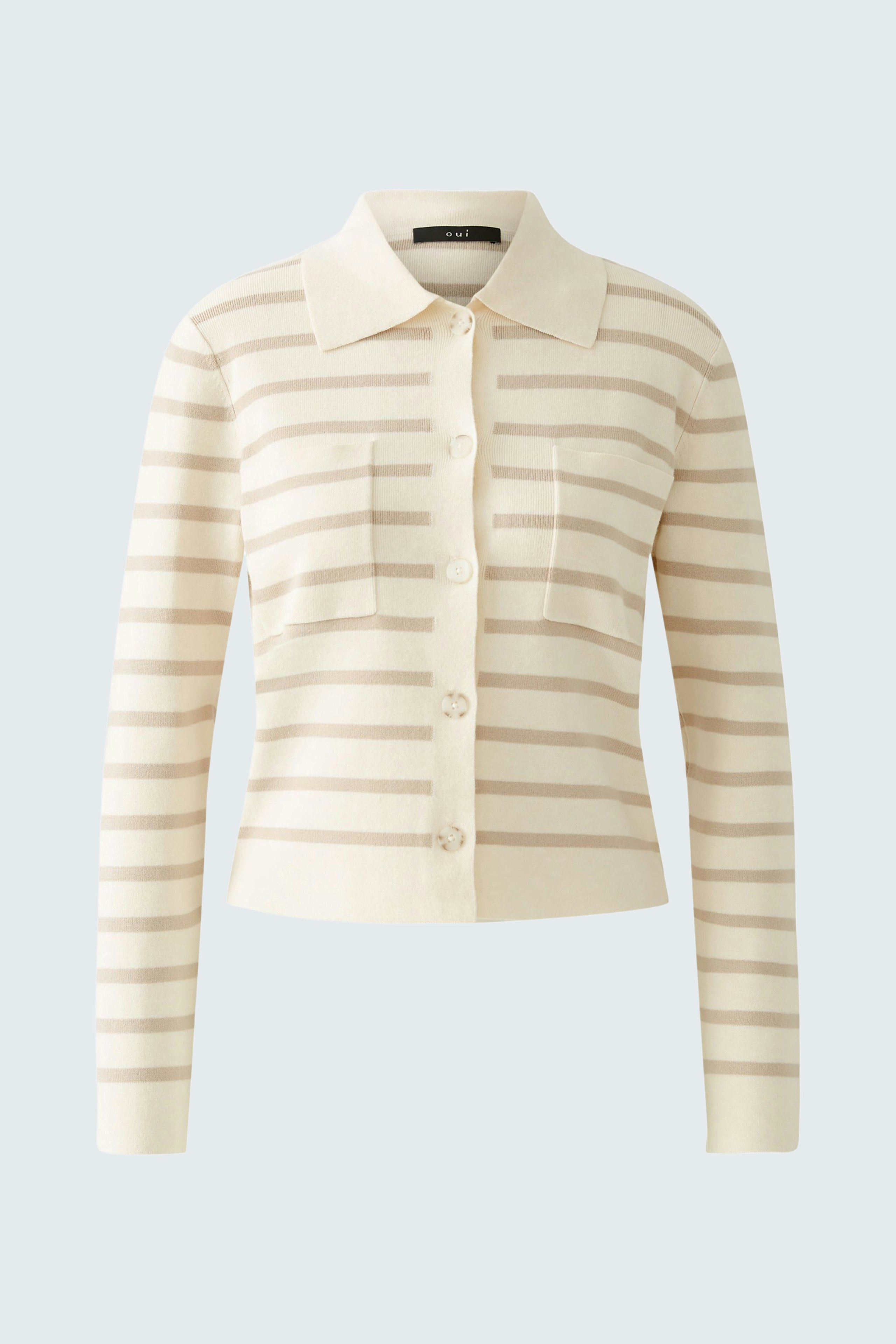 Stylish women's cardigan: A cream-colored cardigan with stripes, featuring a classic collar and button closure.