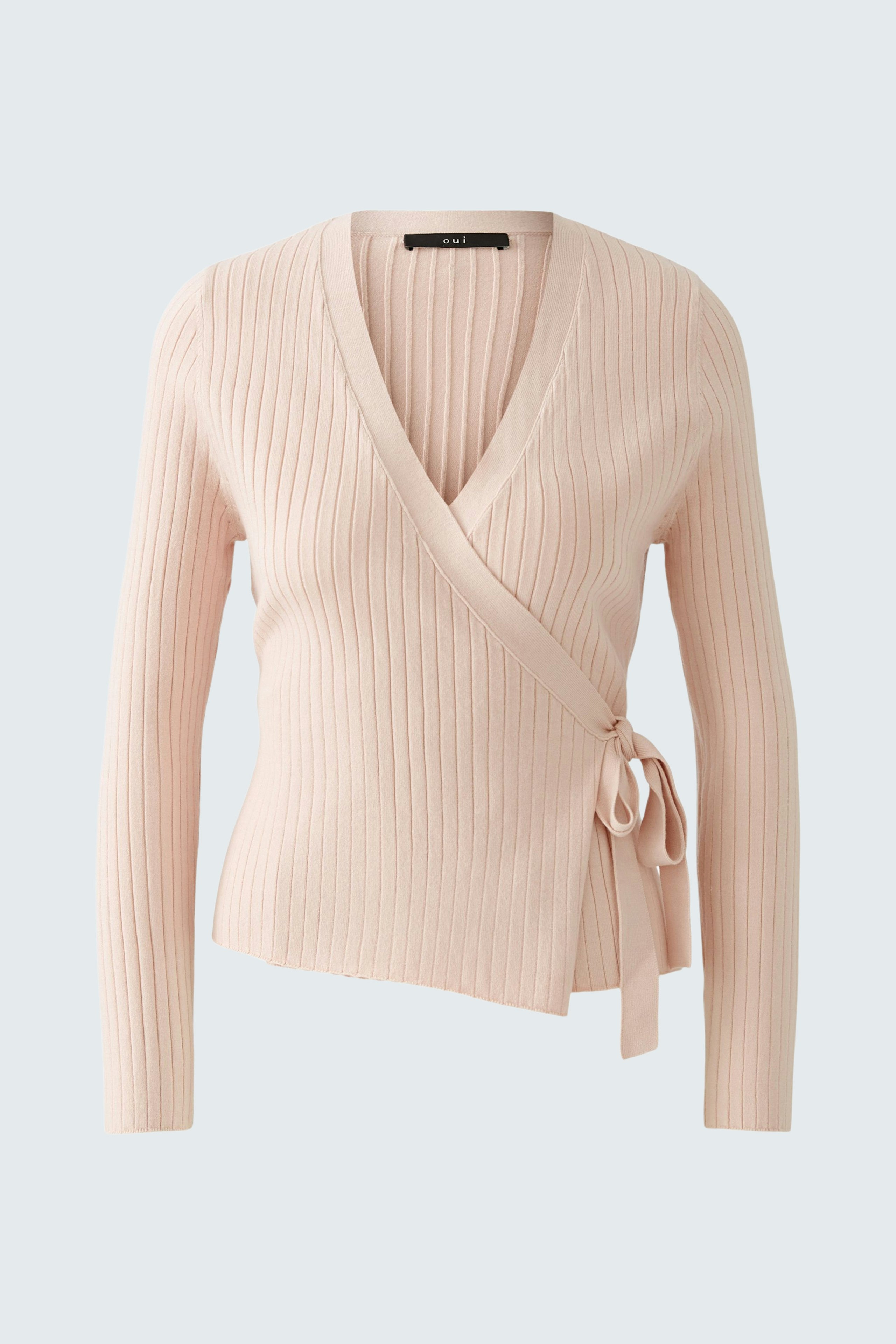 Elegant women's pullover: Soft pink wrap design with ribbed texture and tie detail.
