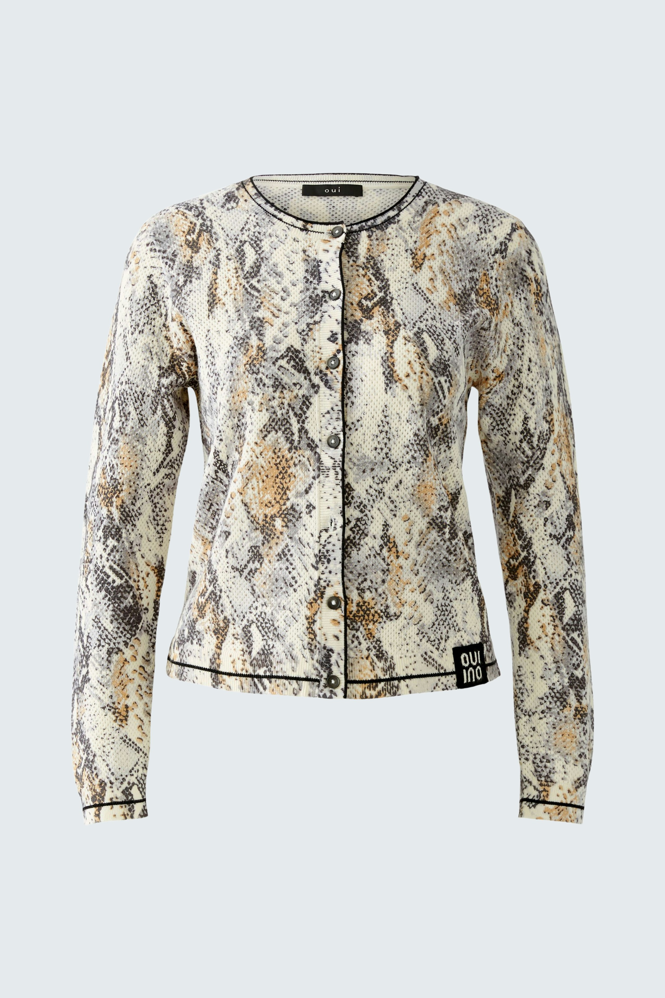 Elegante Damen-Strickjacke im Schlangenprint mit Knöpfen und Rundhalsausschnitt.