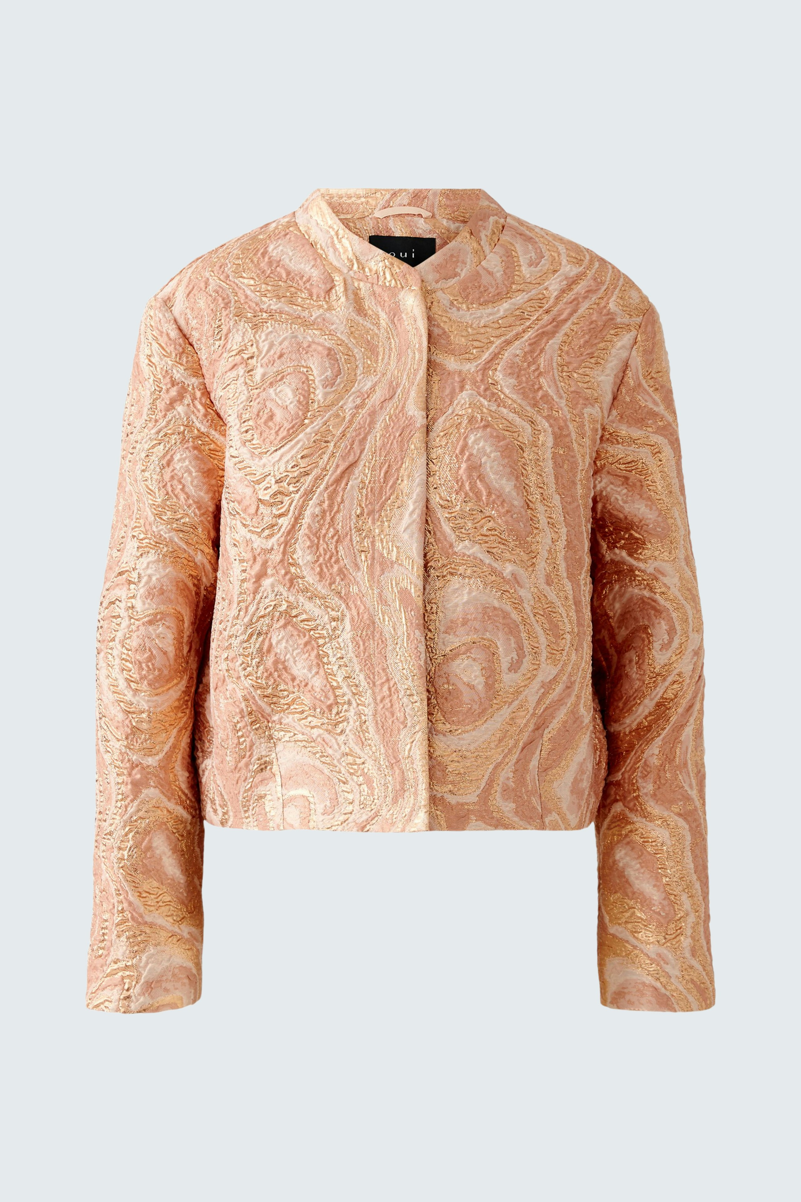 Stylish women's jacket in soft pink with intricate texture, perfect for layering.