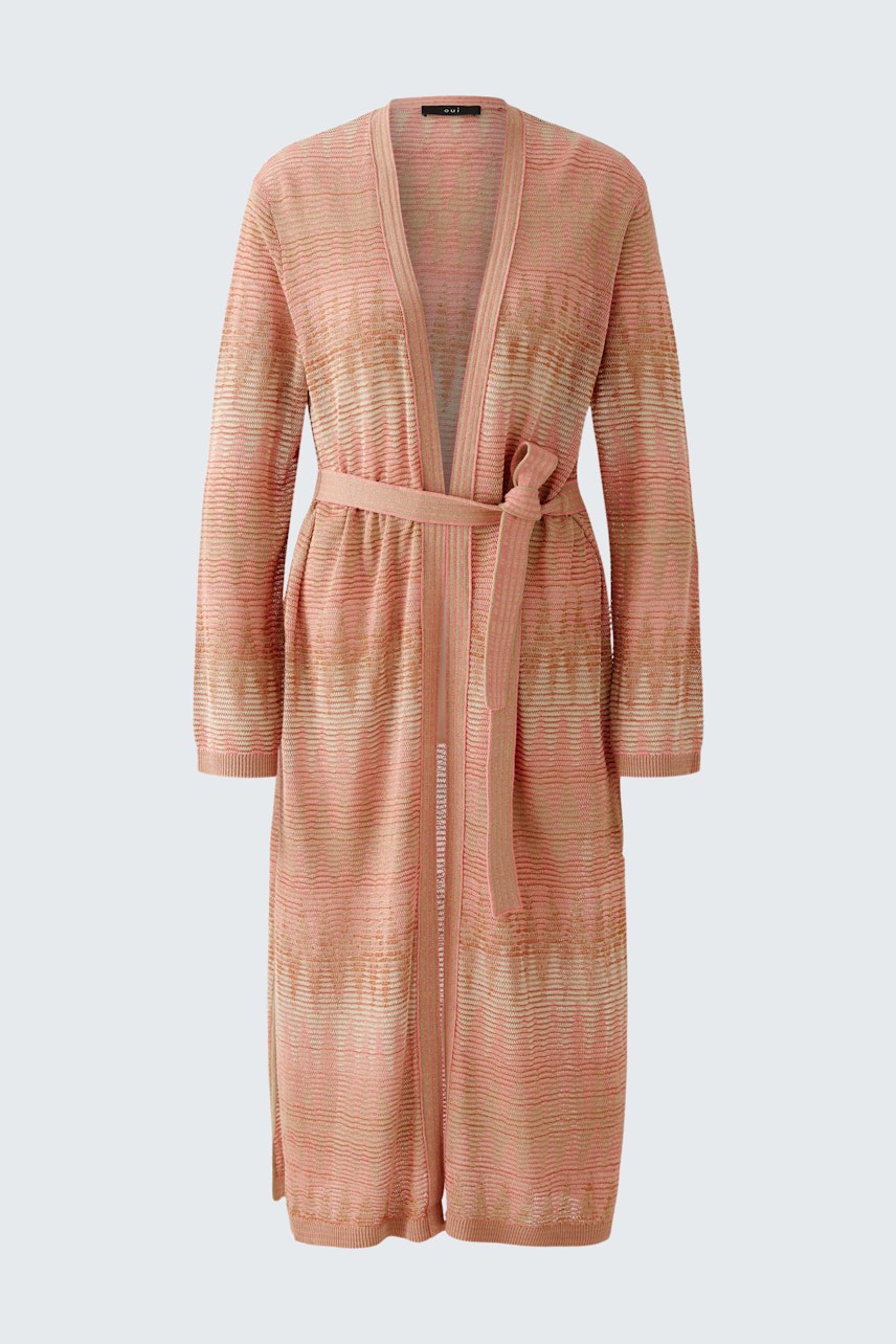 Stylish women's cardigan: A soft, pink knit cardigan with a belt, perfect for layering.