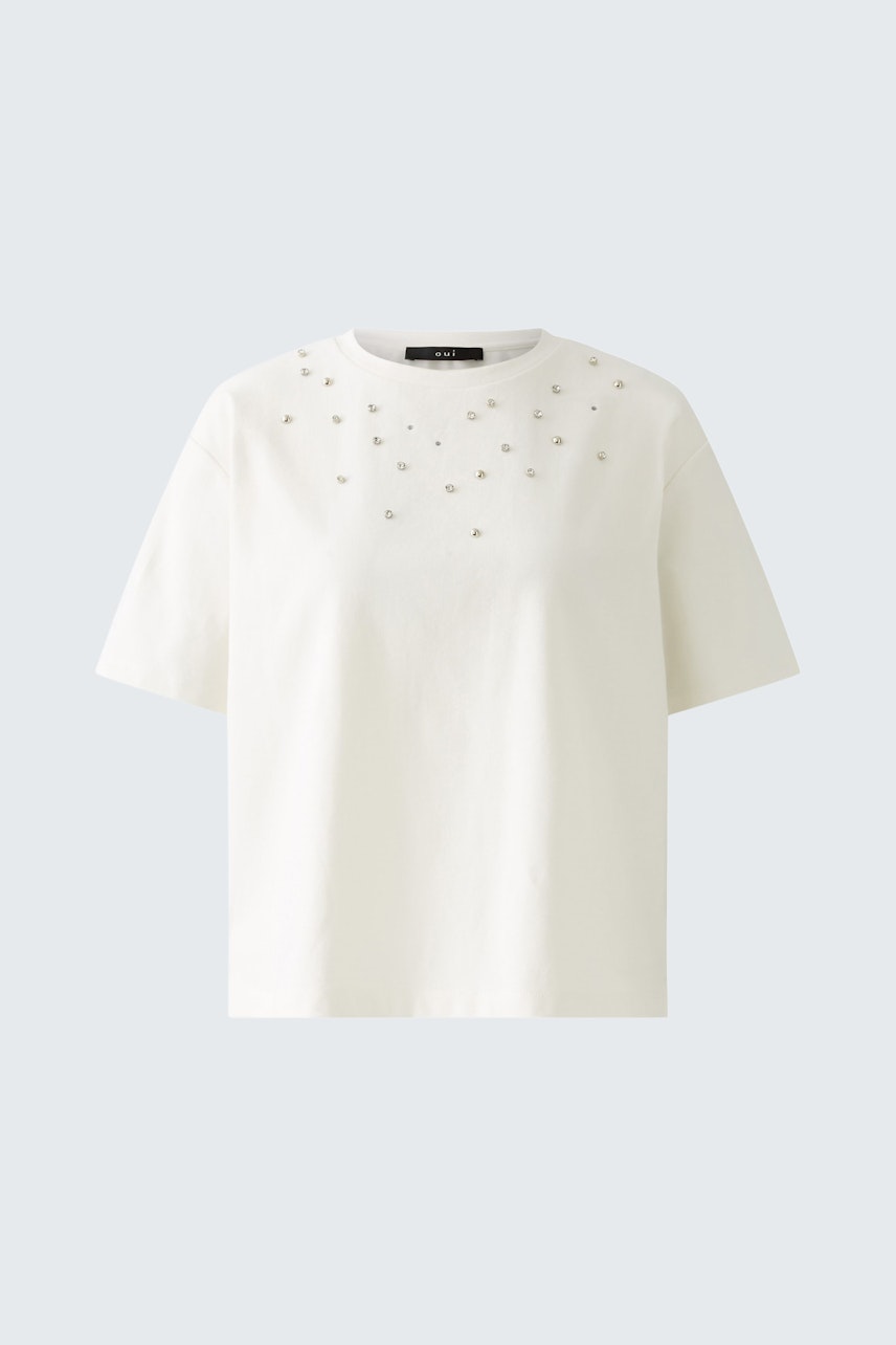 Elegantes Damen-T-Shirt in Weiß mit funkelnden Details, ideal für einen modernen Look.