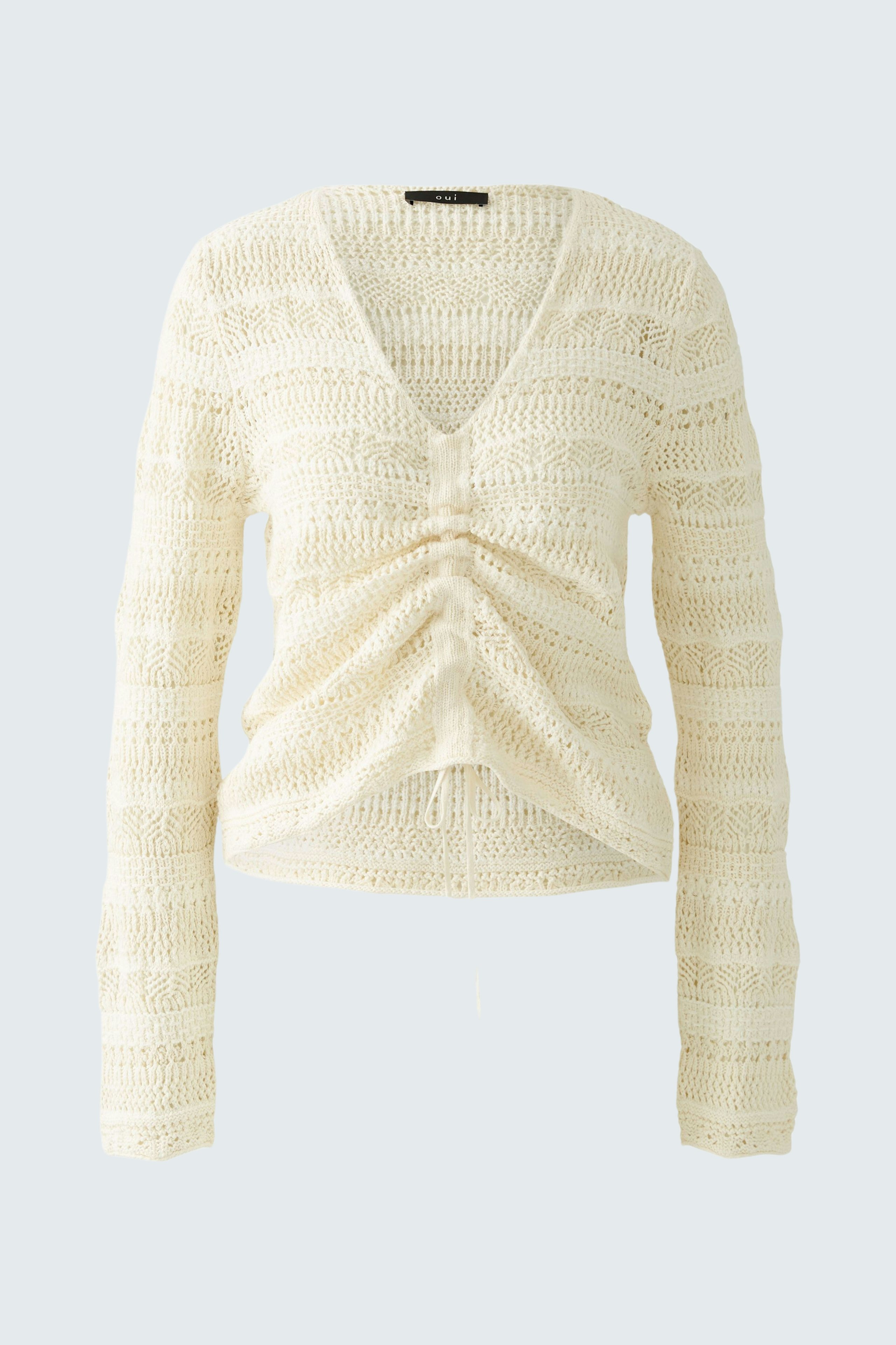 Eleganter Damen-Pullover in hellem Beige mit V-Ausschnitt und raffiniertem Raffungseffekt.