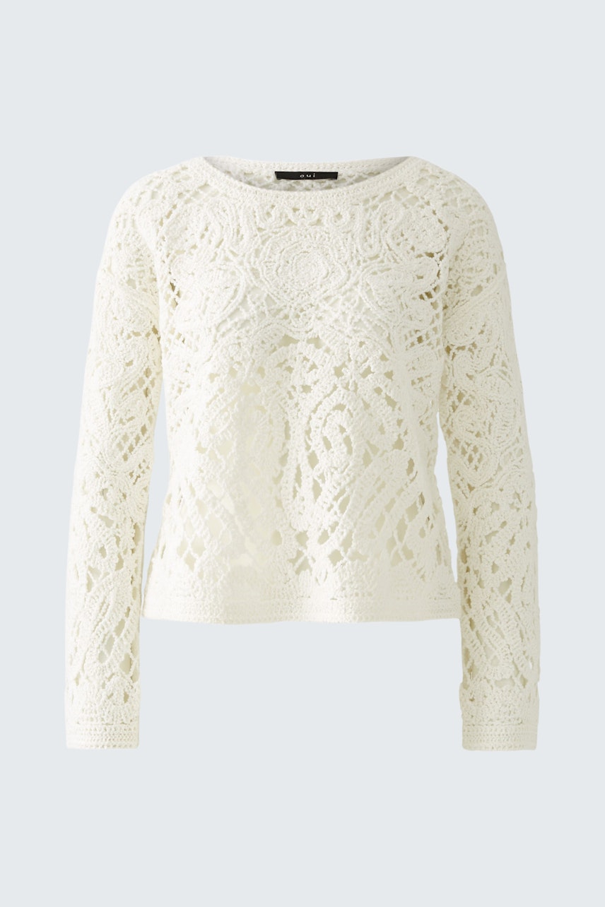Eleganter Damen-Pullover in Creme mit feinem Lochmuster und lässigem Schnitt.
