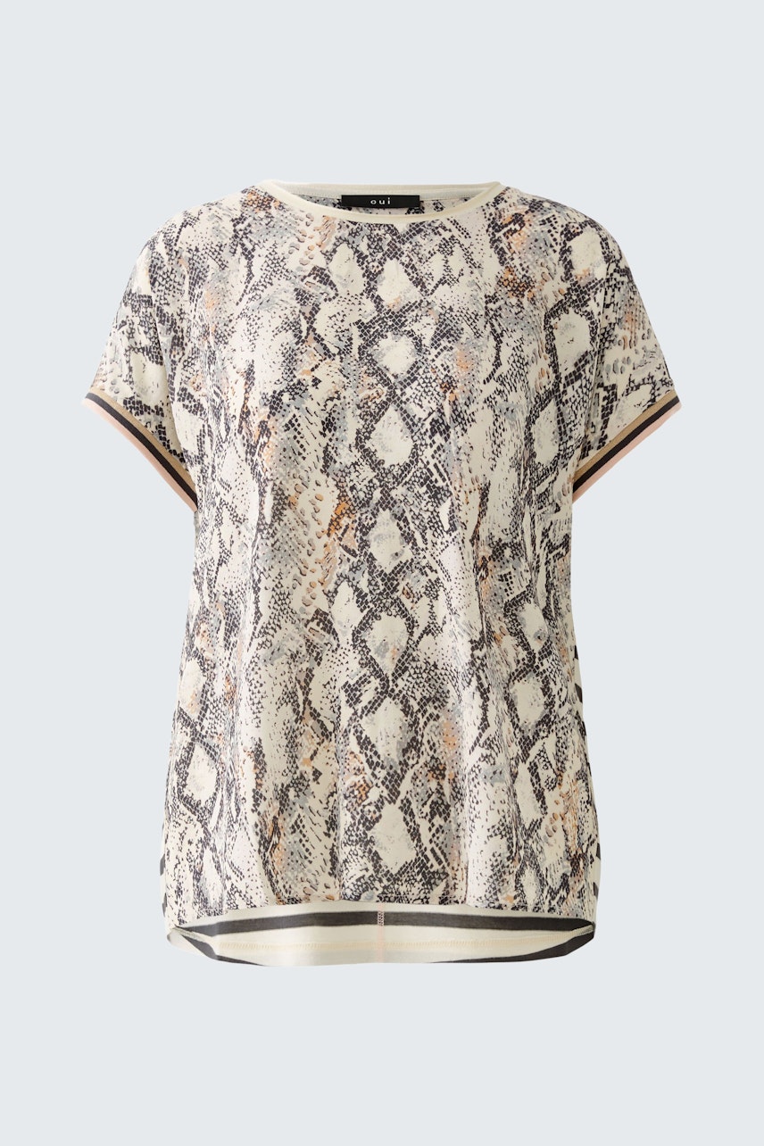 Damen-T-Shirt: Bequeme, gemusterte Bluse mit Schlangenmuster und lässigem Schnitt.