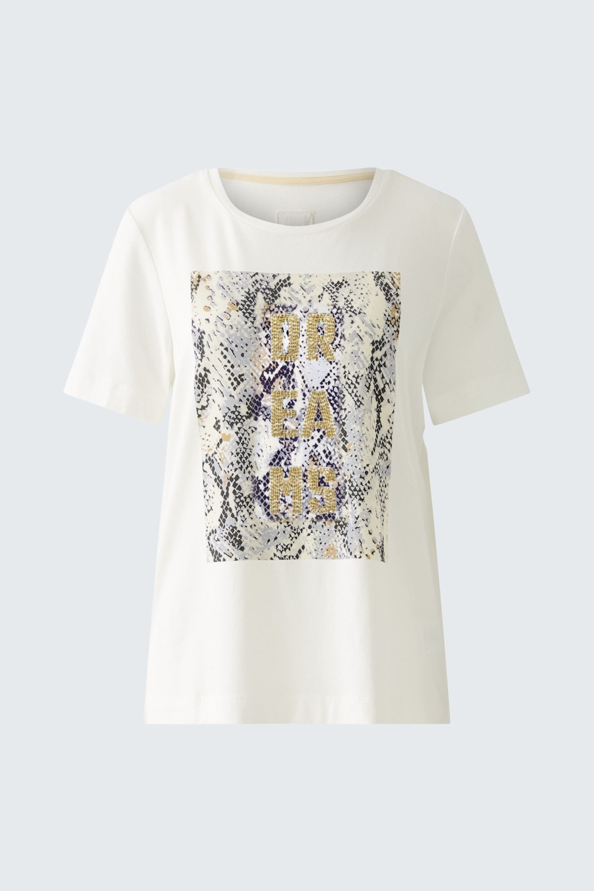 Weißes Damen-T-Shirt mit modernem Schlangenmuster und auffälligem Druck für einen lässigen Look.