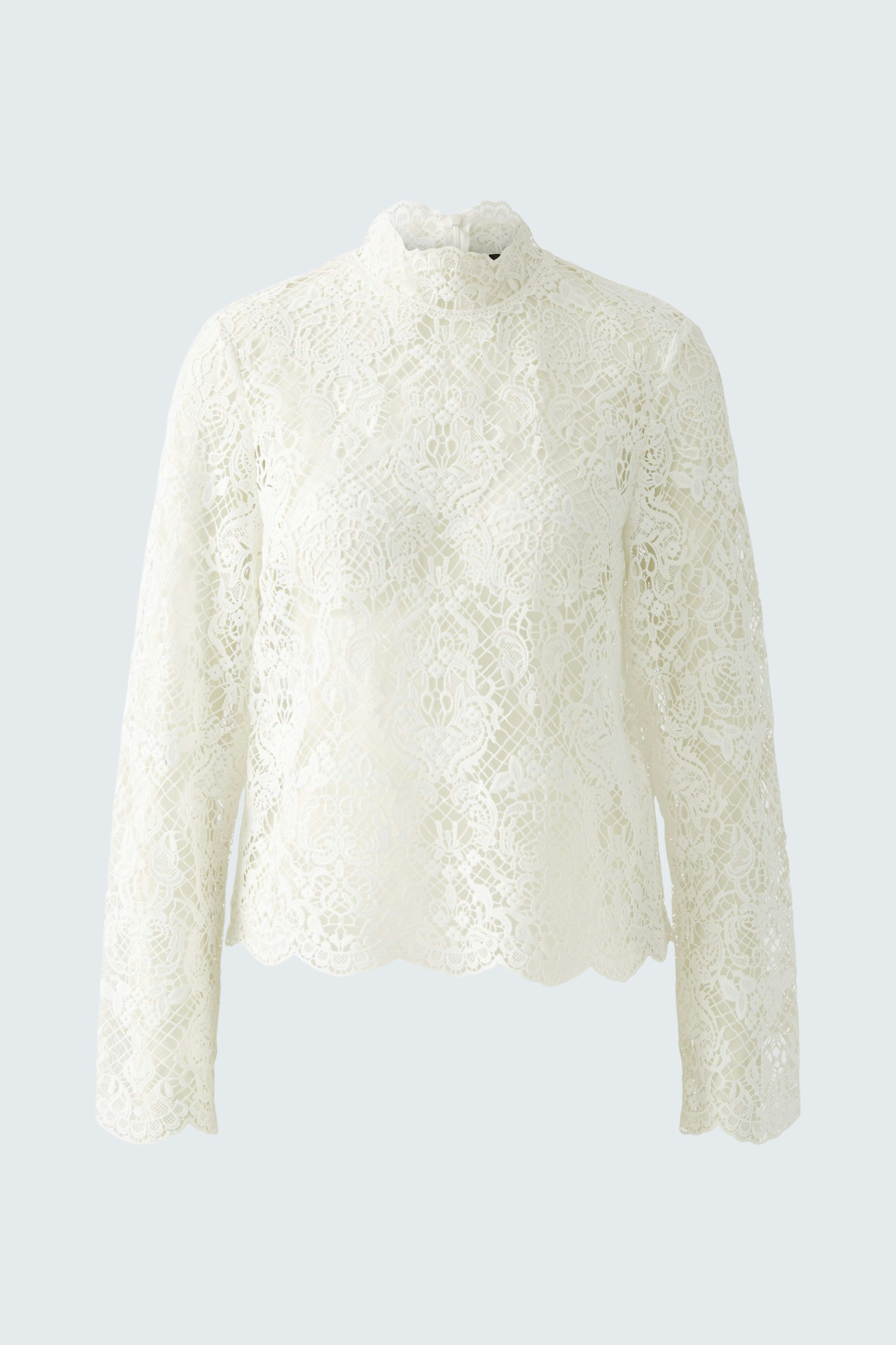 Elegant women's blouse in white lace with long sleeves and a high collar.