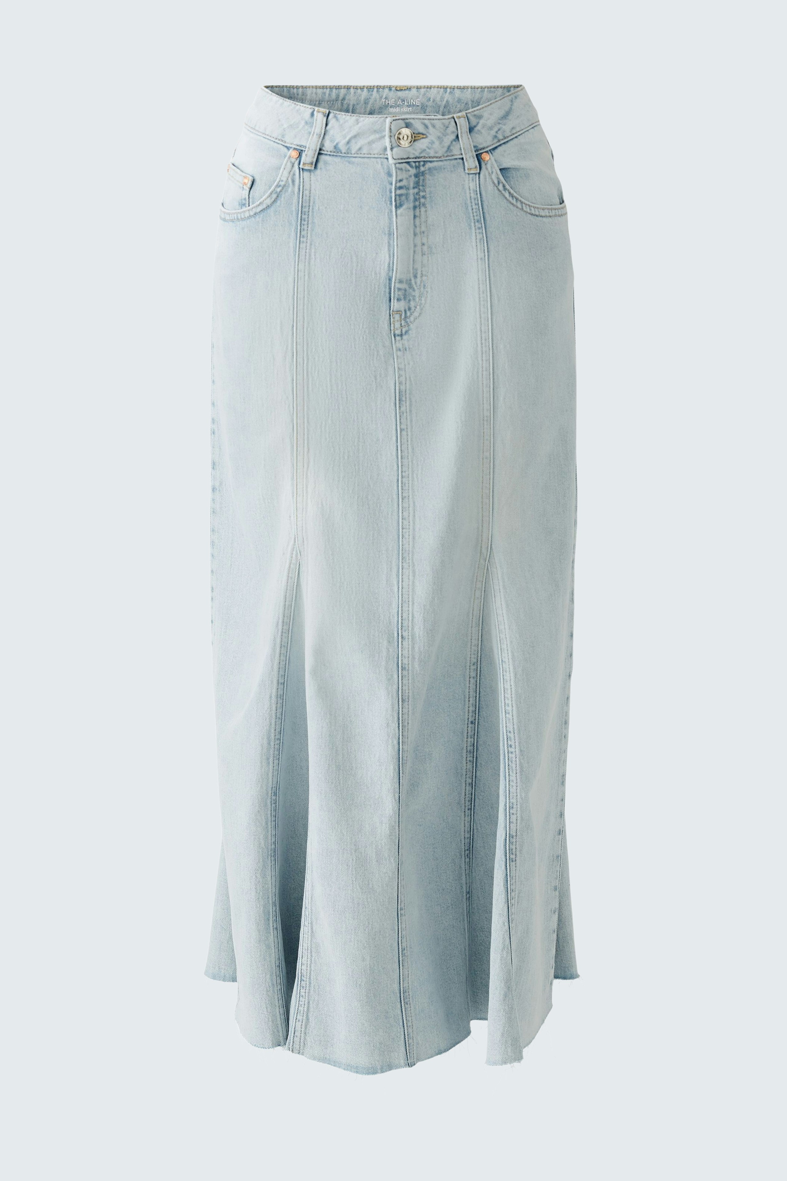Stylish denim skirt: A light blue long skirt with a modern cut, perfect for casual outfits.