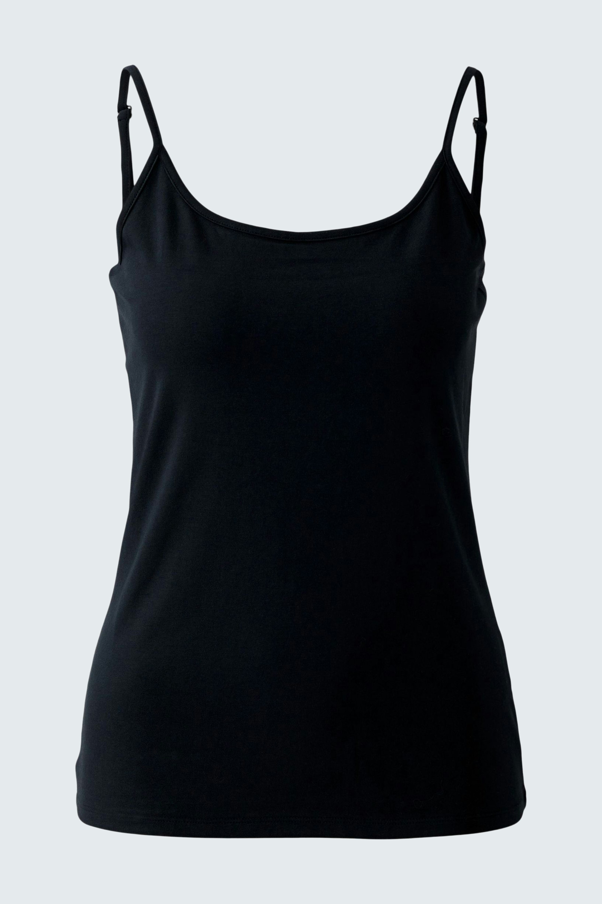 Casual women's top: Black tank top with thin straps, perfect for layering or warm weather.