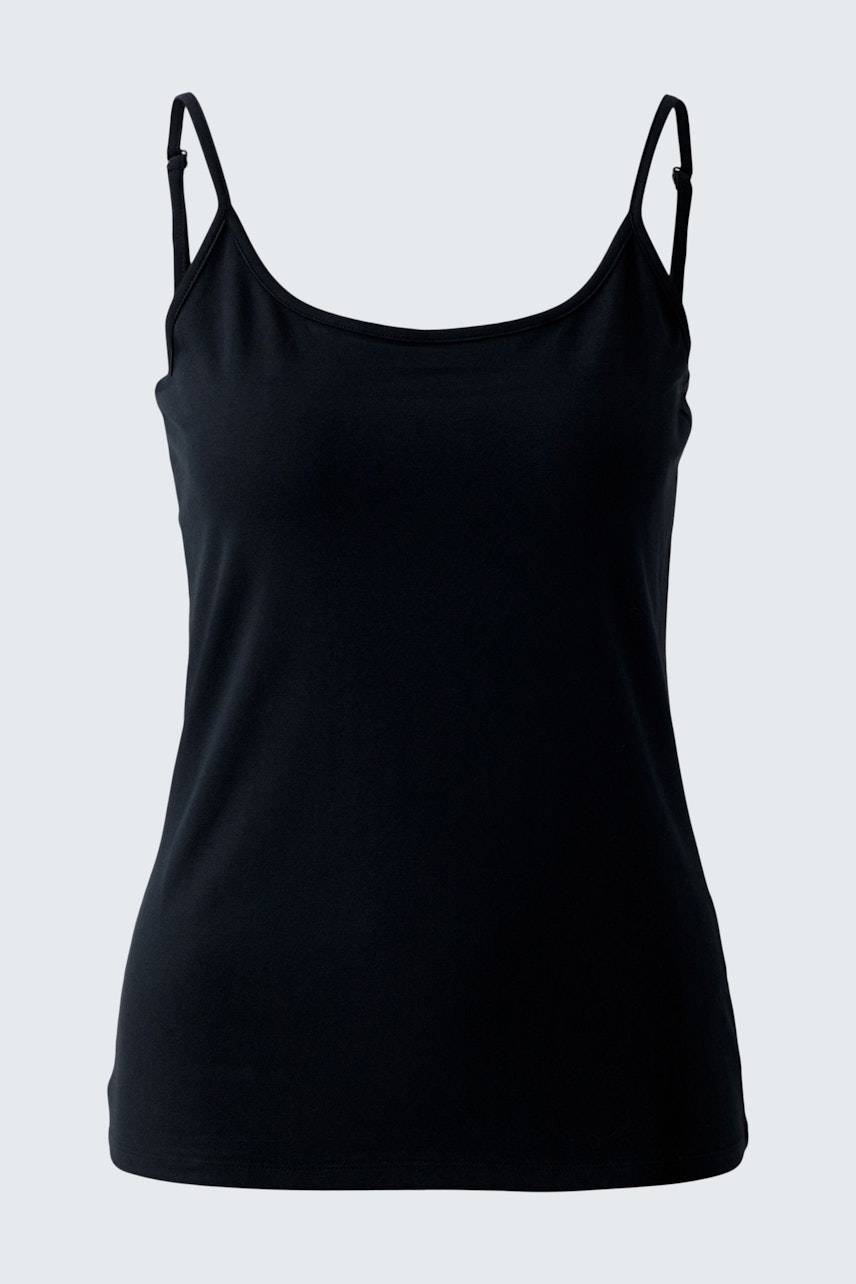 Schwarzes Damen-Top mit schmalen Trägern, ideal für lässige Outfits und den Sommer.