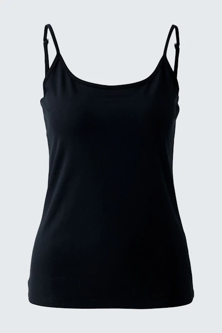 Schwarzes Damen-Top mit schmalen Trägern, ideal für lässige Outfits und den Sommer.