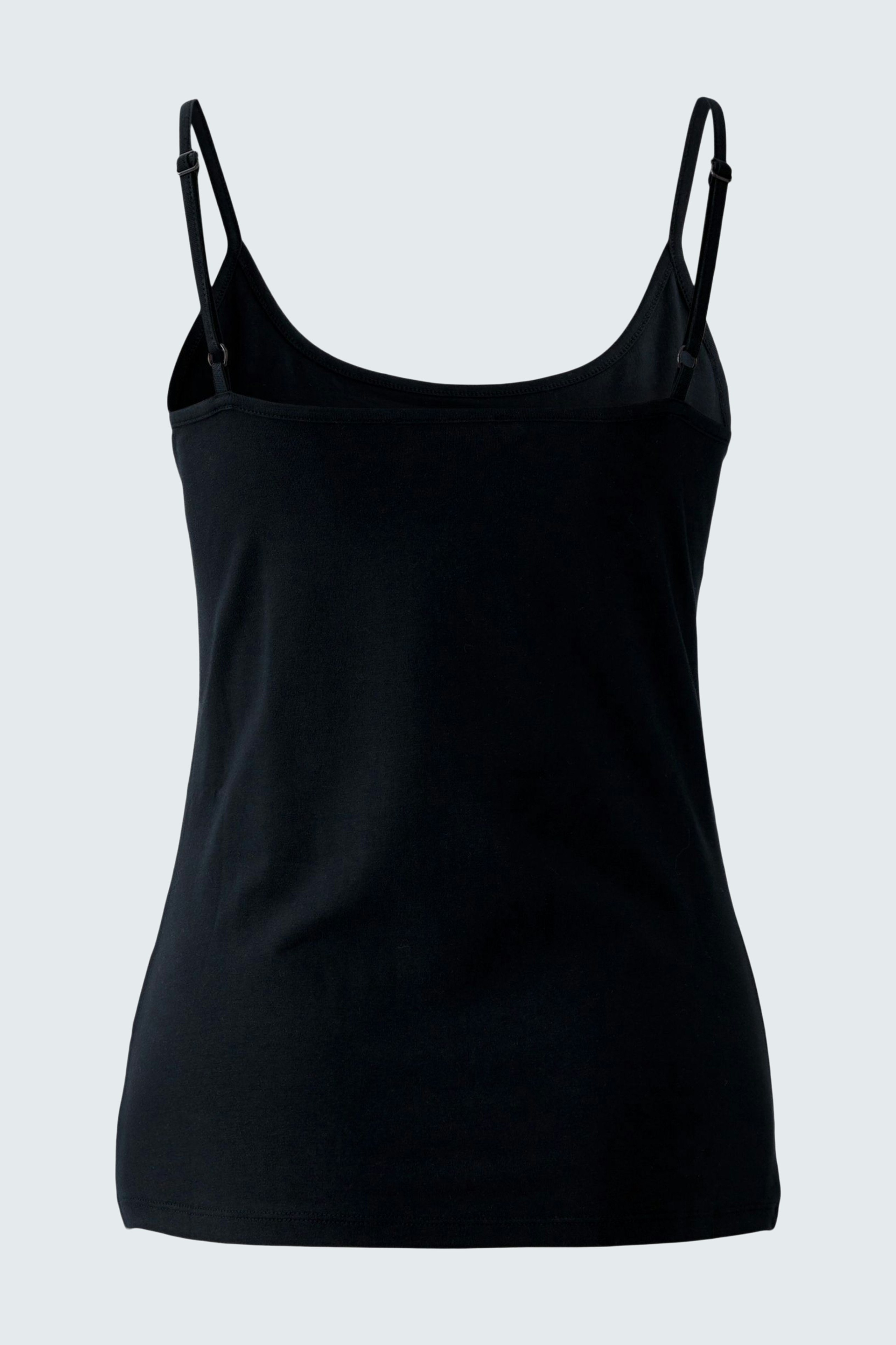 Casual women's top: Black tank top with adjustable straps, perfect for layering or warm days.
