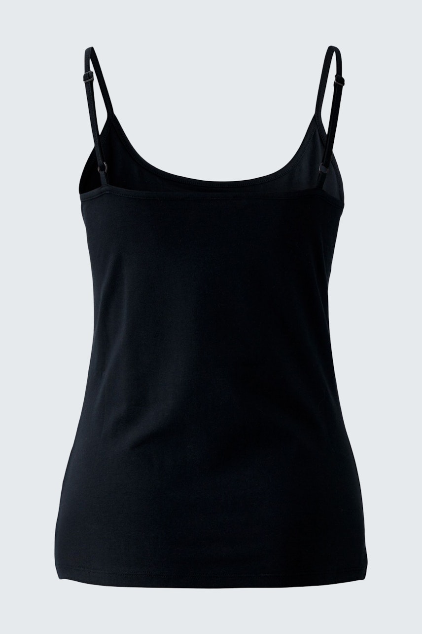 Schwarzes Damen-Top mit schmalen Trägern, ideal für lässige Outfits und den Sommer.