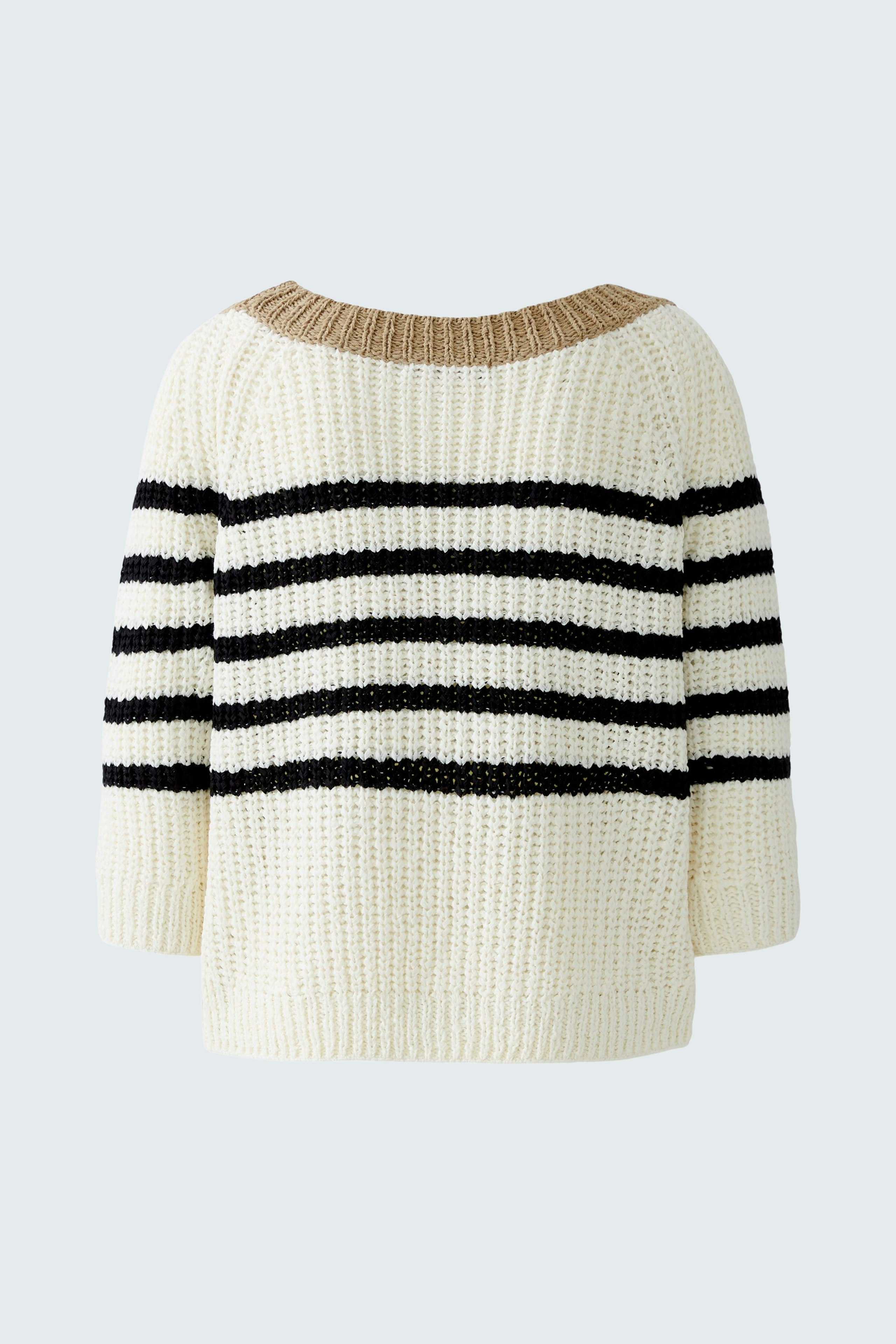Casual women's pullover: Cream and black striped knit pullover with a relaxed fit.