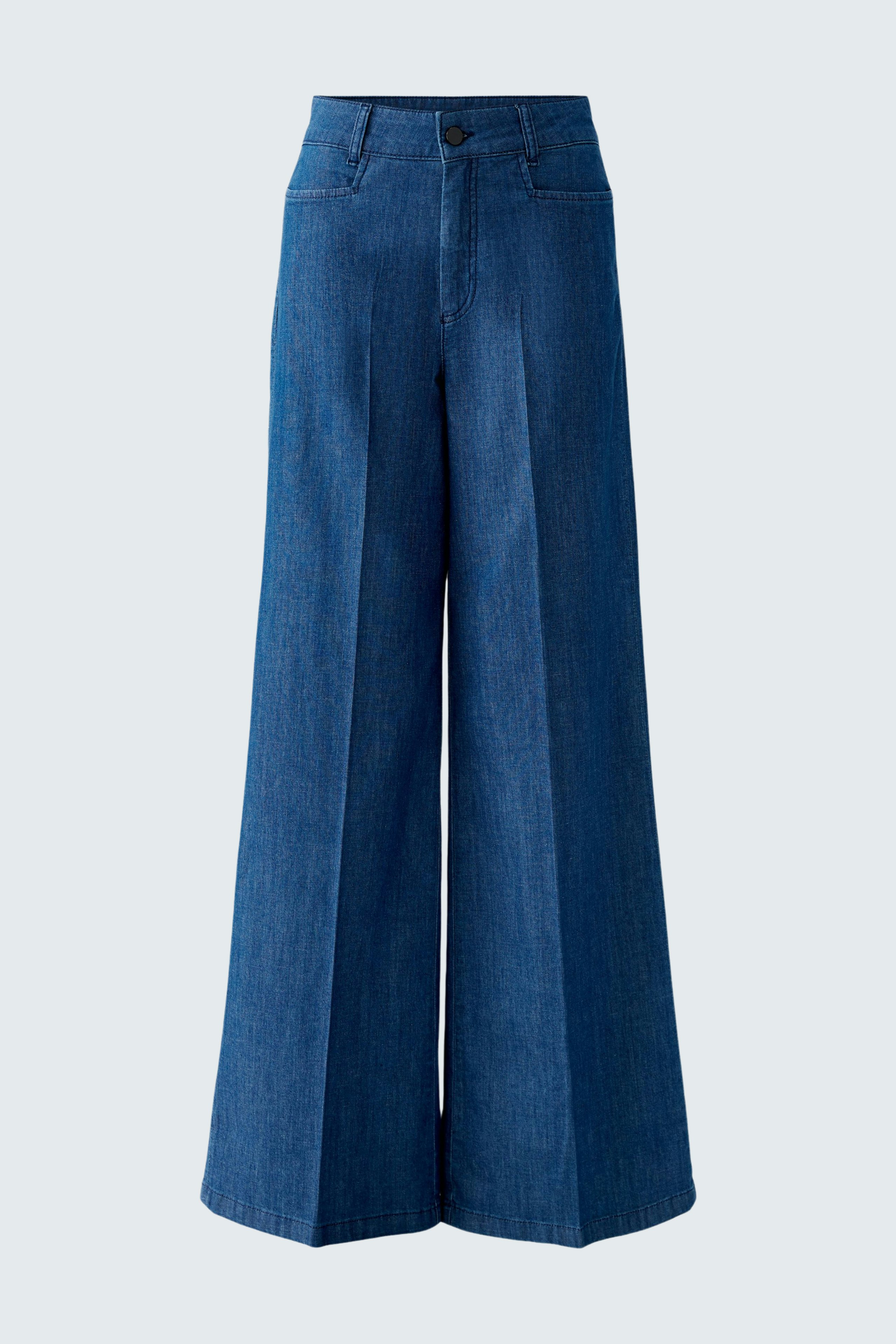 Wide-leg women's pants in dark denim with a high waist and a relaxed fit.