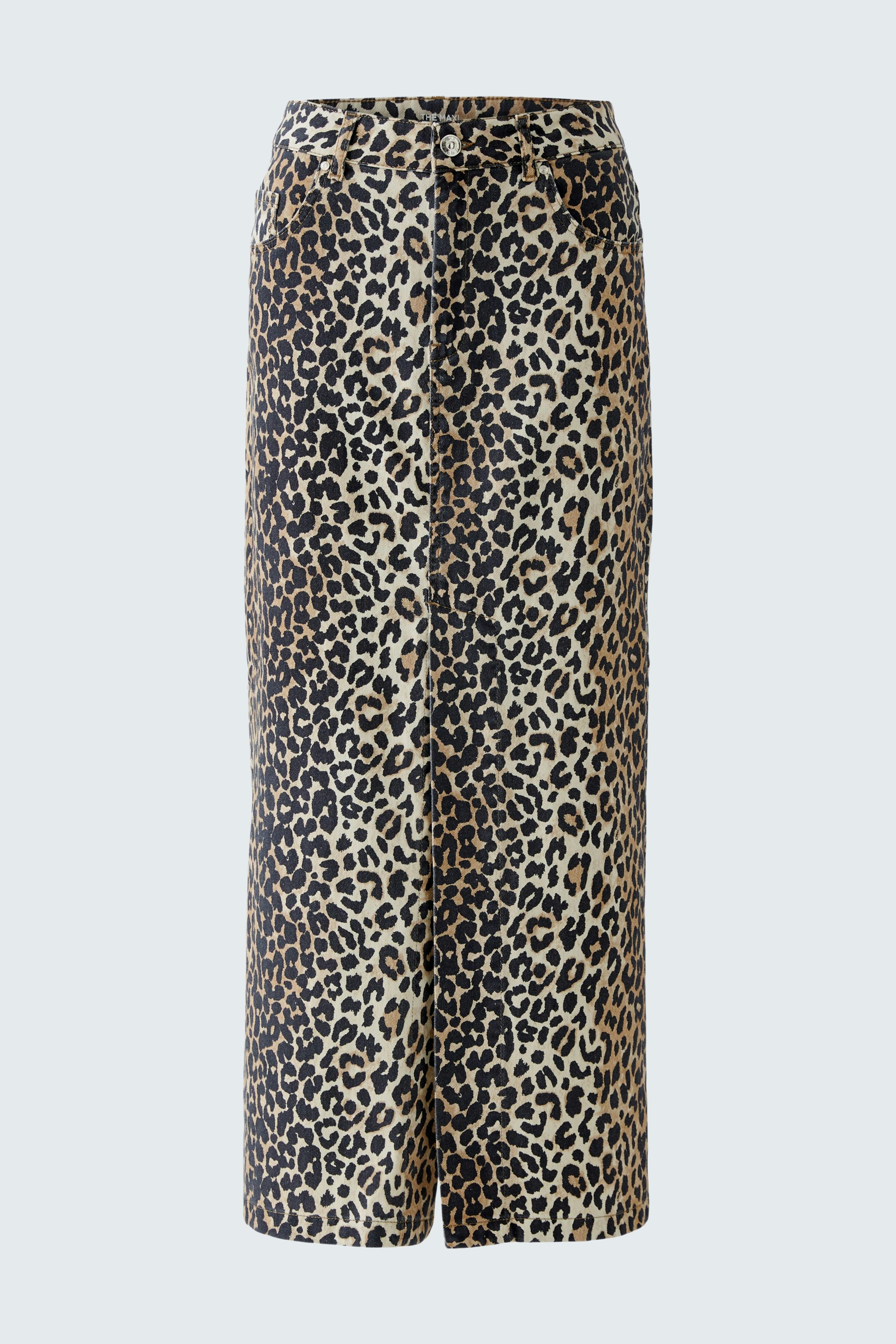 Leopard print denim skirt for women, featuring a stylish and casual design.