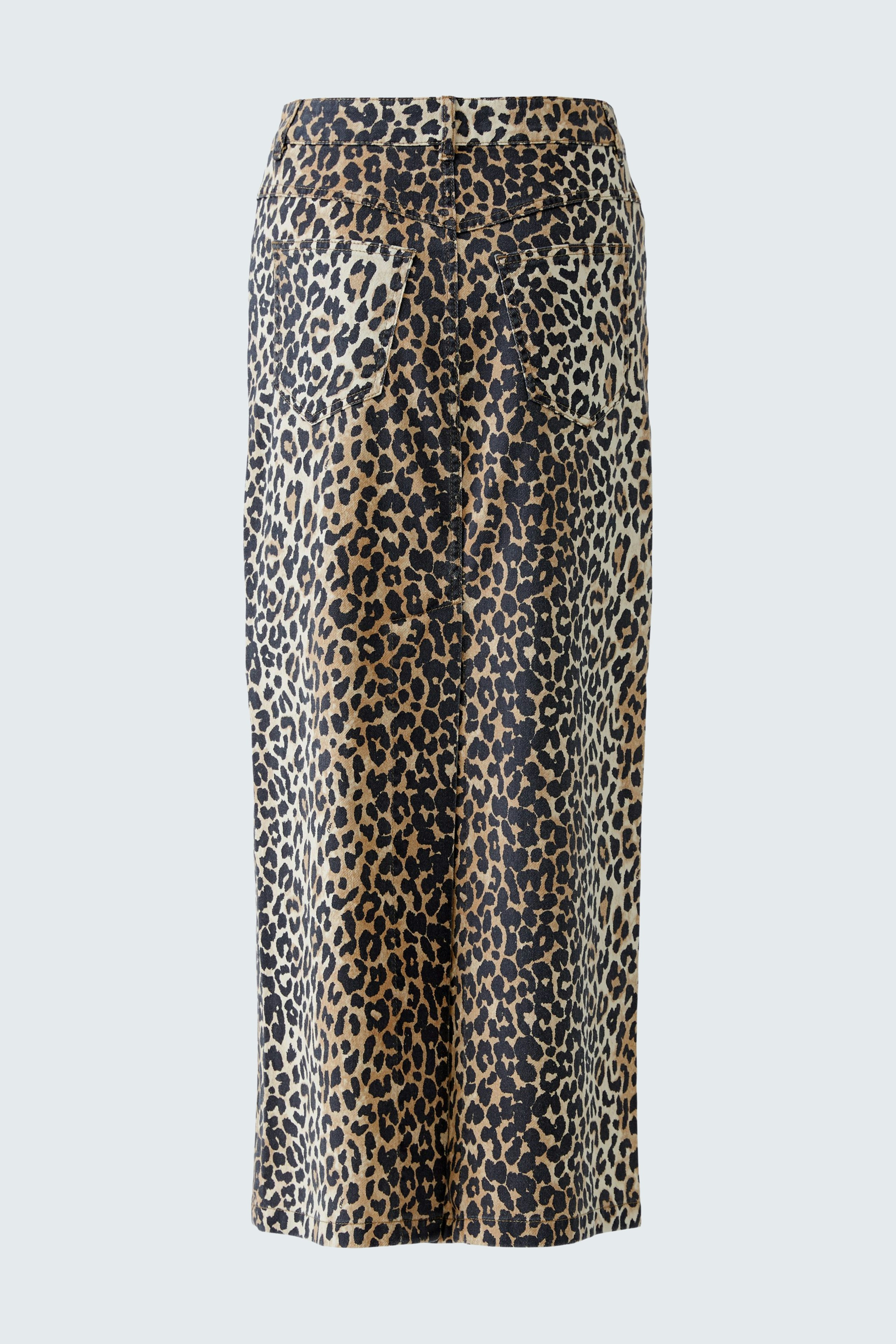 Leopard print denim skirt for women, featuring a stylish design and comfortable fit.