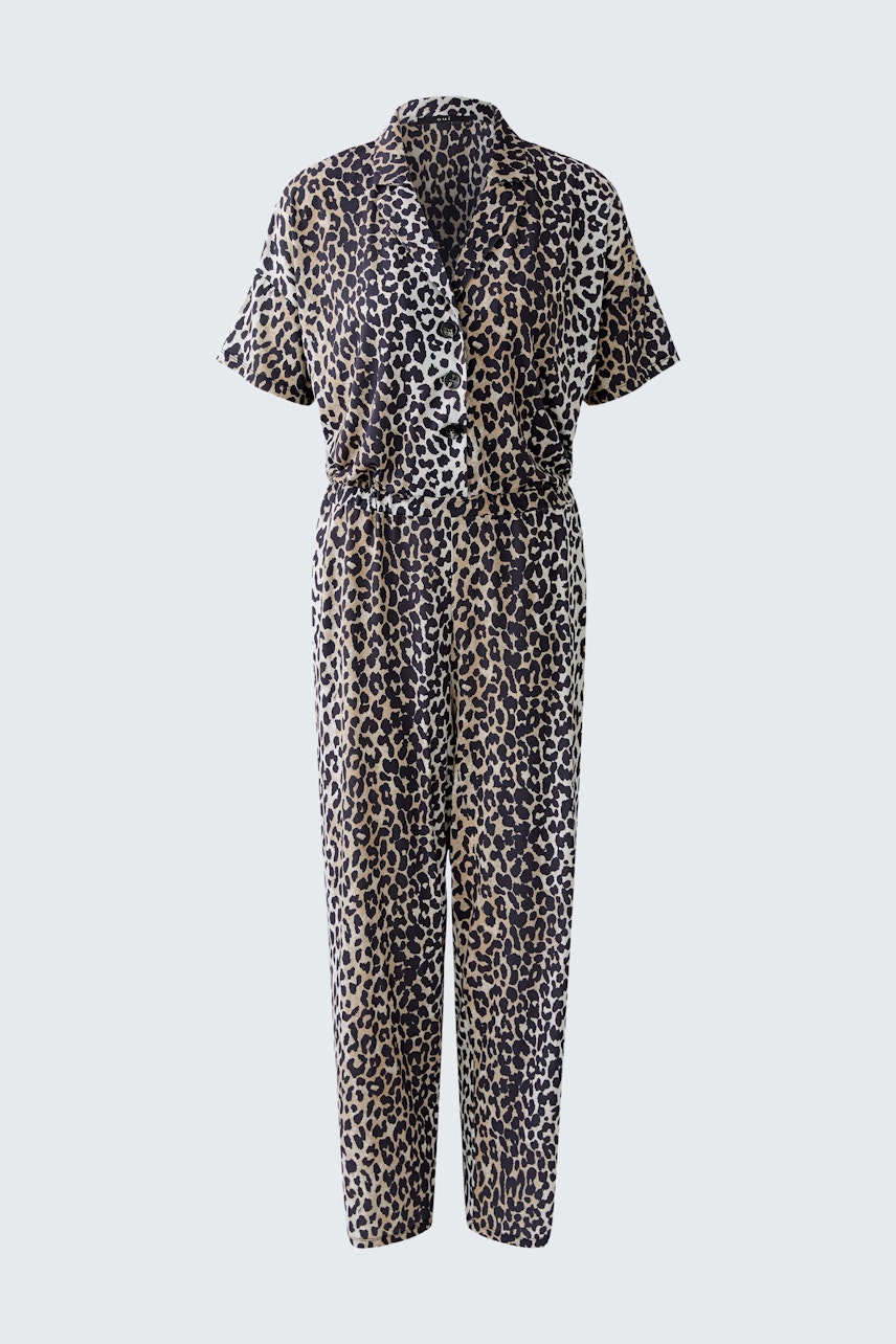 Bequemer Damen-Jumpsuit im Leo-Design: Kurzärmlig, mit lockerer Passform und elastischem Bund.
