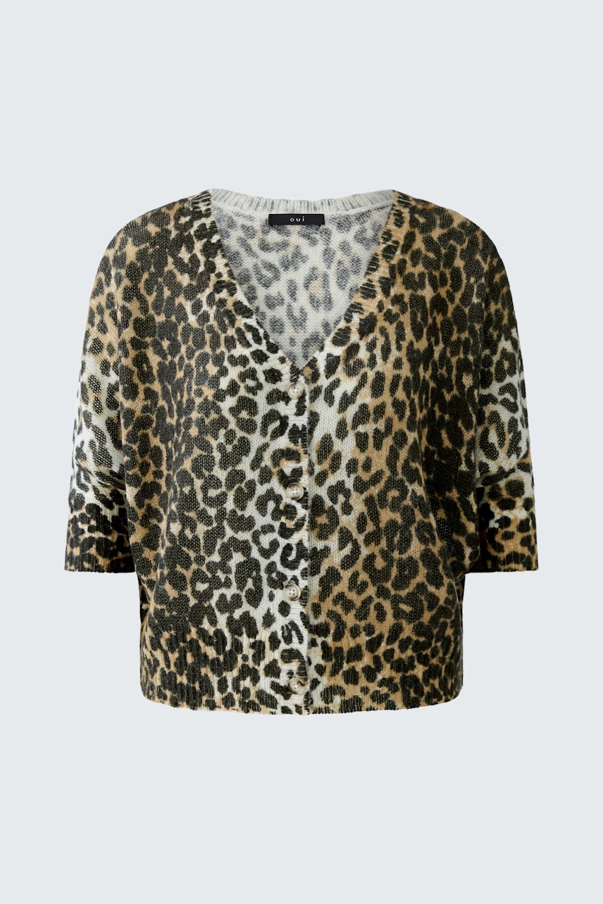 Leopard print cardigan: A stylish women's cardigan with a v-neck and short sleeves.