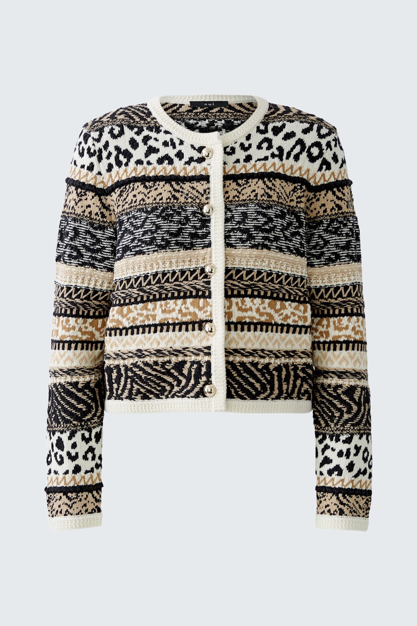 Gemusterte Damen-Strickjacke in Schwarz, Beige und Braun mit Knöpfen und Rundhalsausschnitt.