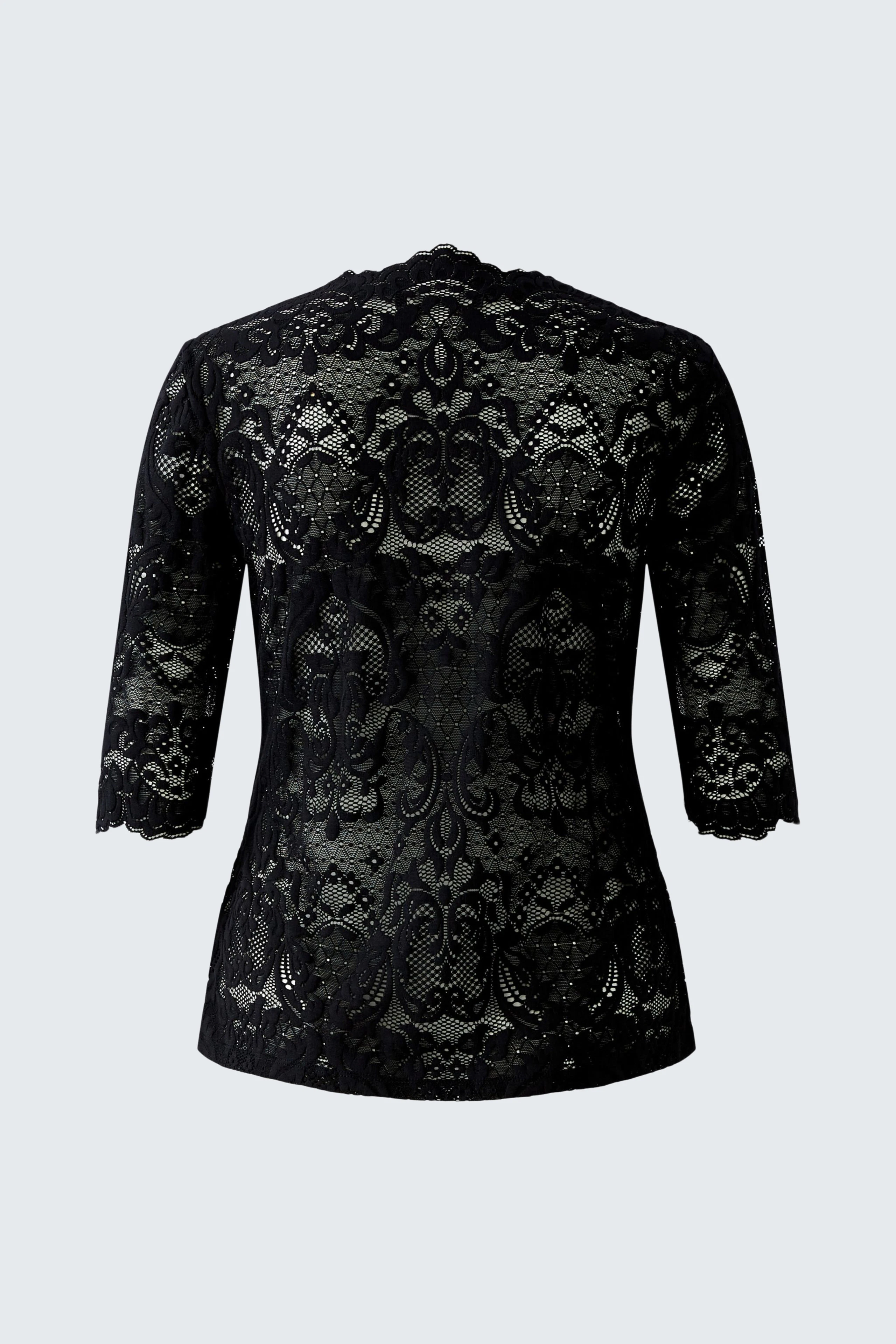Damen-T-Shirt: Schwarzes Oberteil mit feinem Spitzenmuster und 3/4-Ärmeln, lässig und vielseitig kombinierbar.