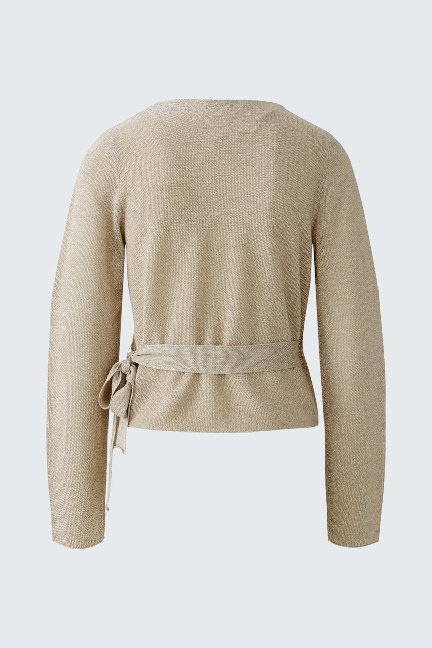 Casual women's cardigan: Back view of a beige cardigan with a tied waist detail.