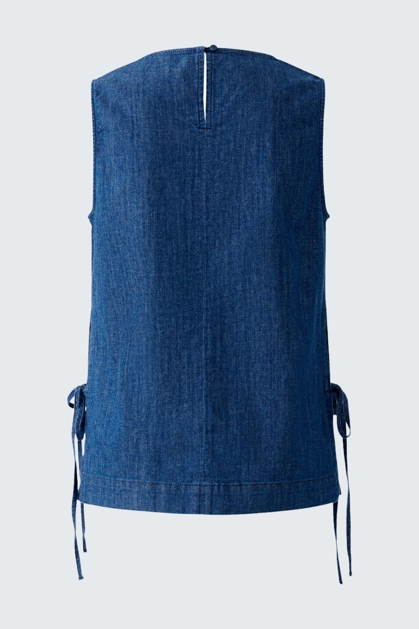 Bequeme Damen-Top: Rückansicht eines blauen Tops mit seitlichen Schnürungen.