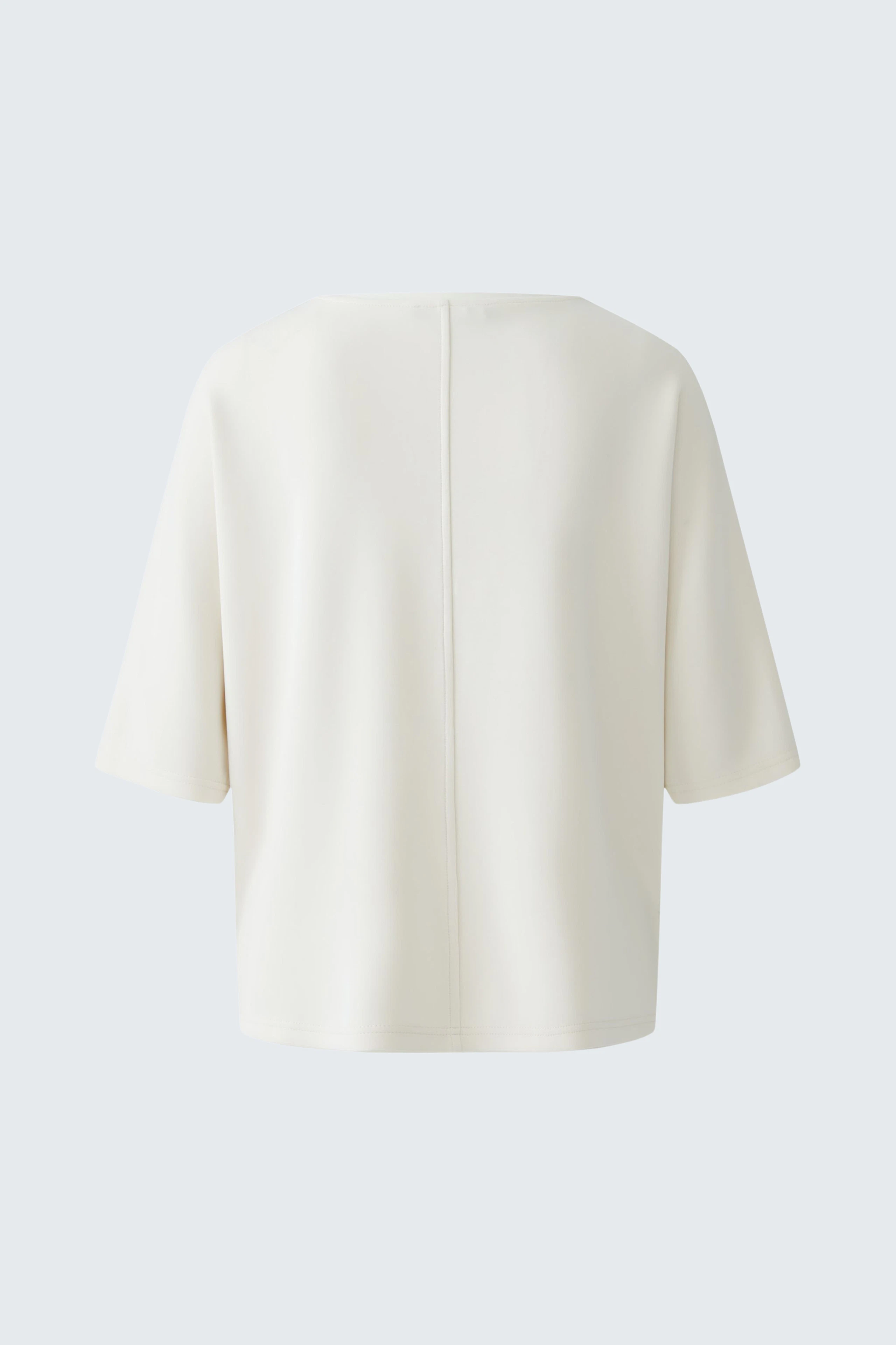 Casual women's pullover: Back view of a white, short-sleeved pullover with a simple design.