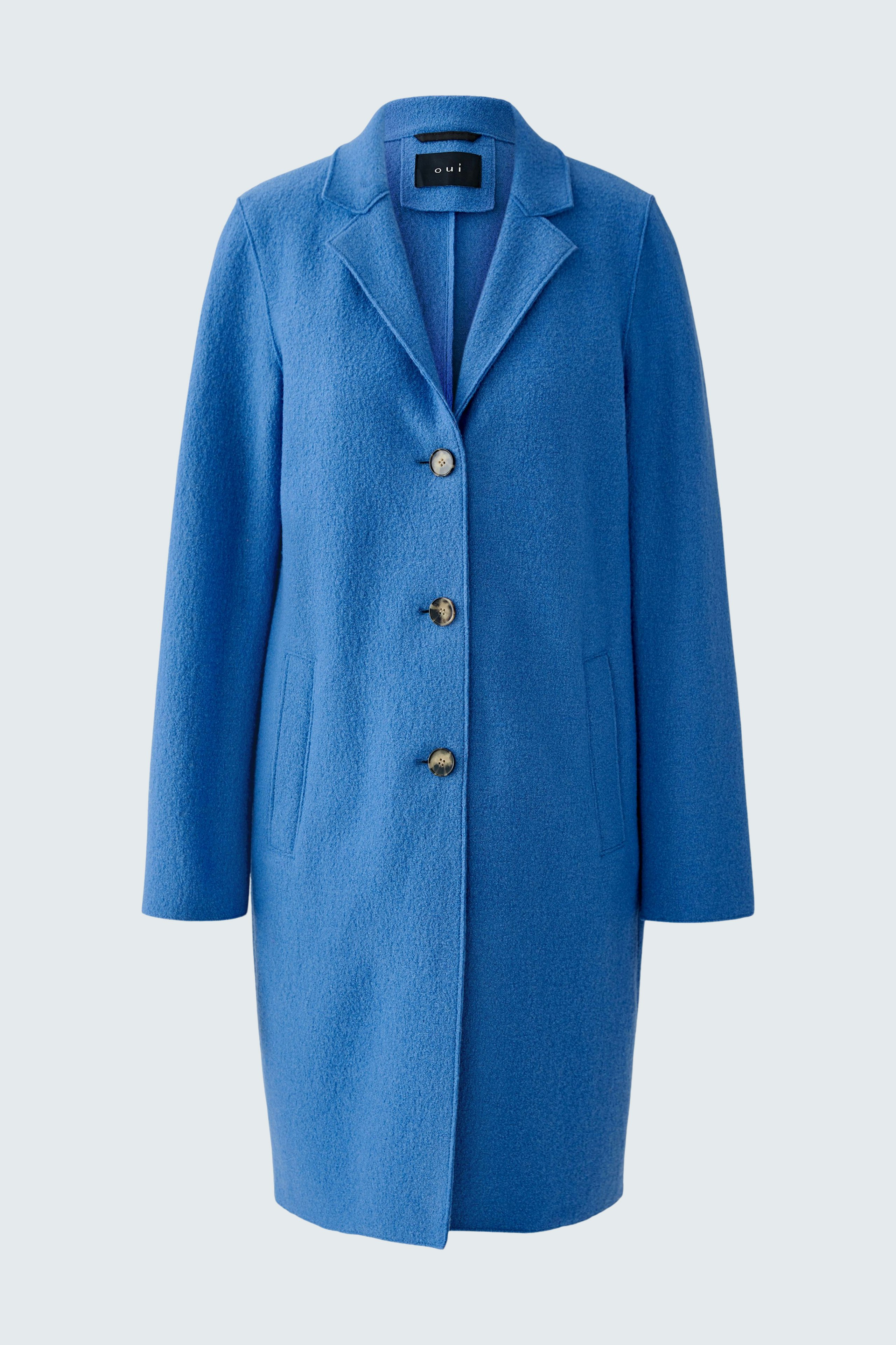 Casual women's wool coat in bright blue with a tailored fit and button closure.