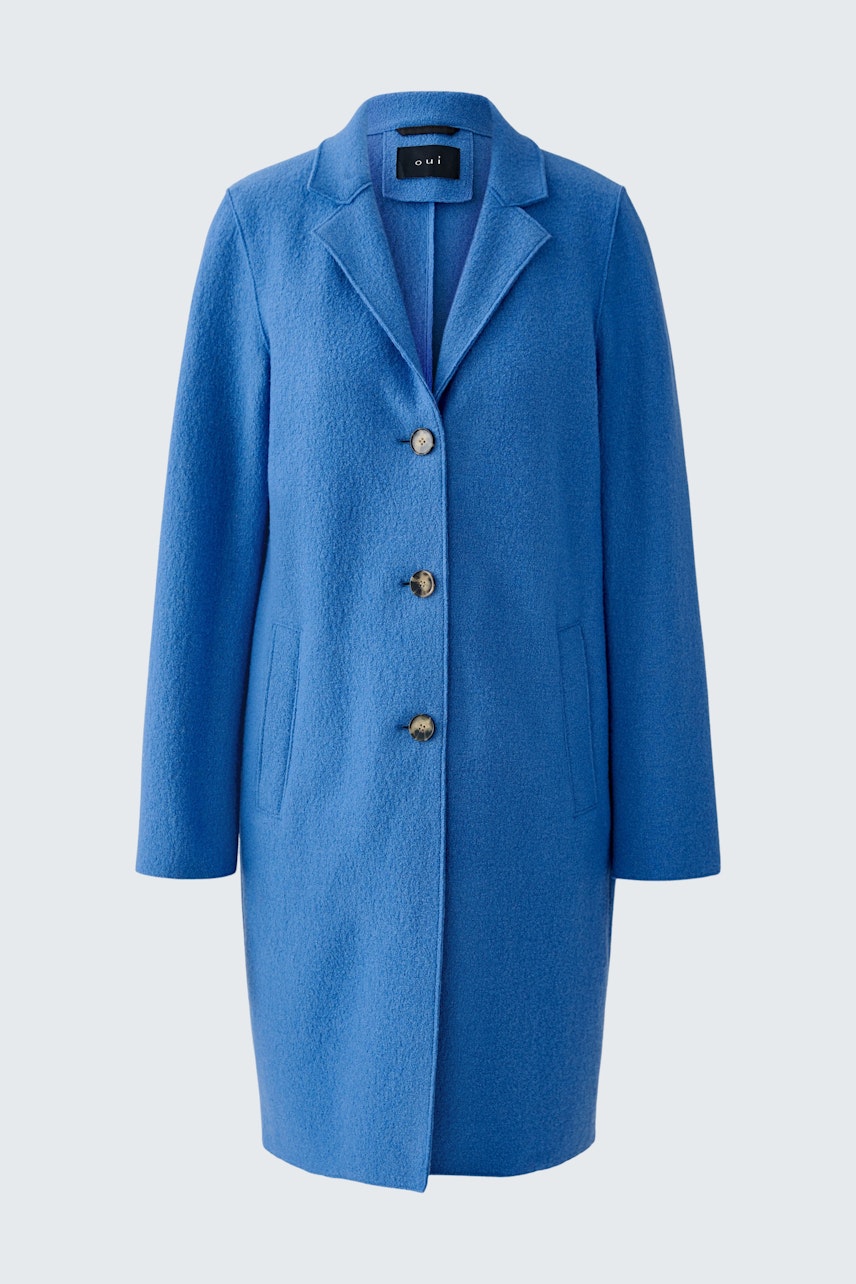 Blauer Wollmantel: Schlichter Damenmantel mit Knöpfen und Taschen, ideal für den Alltag.
