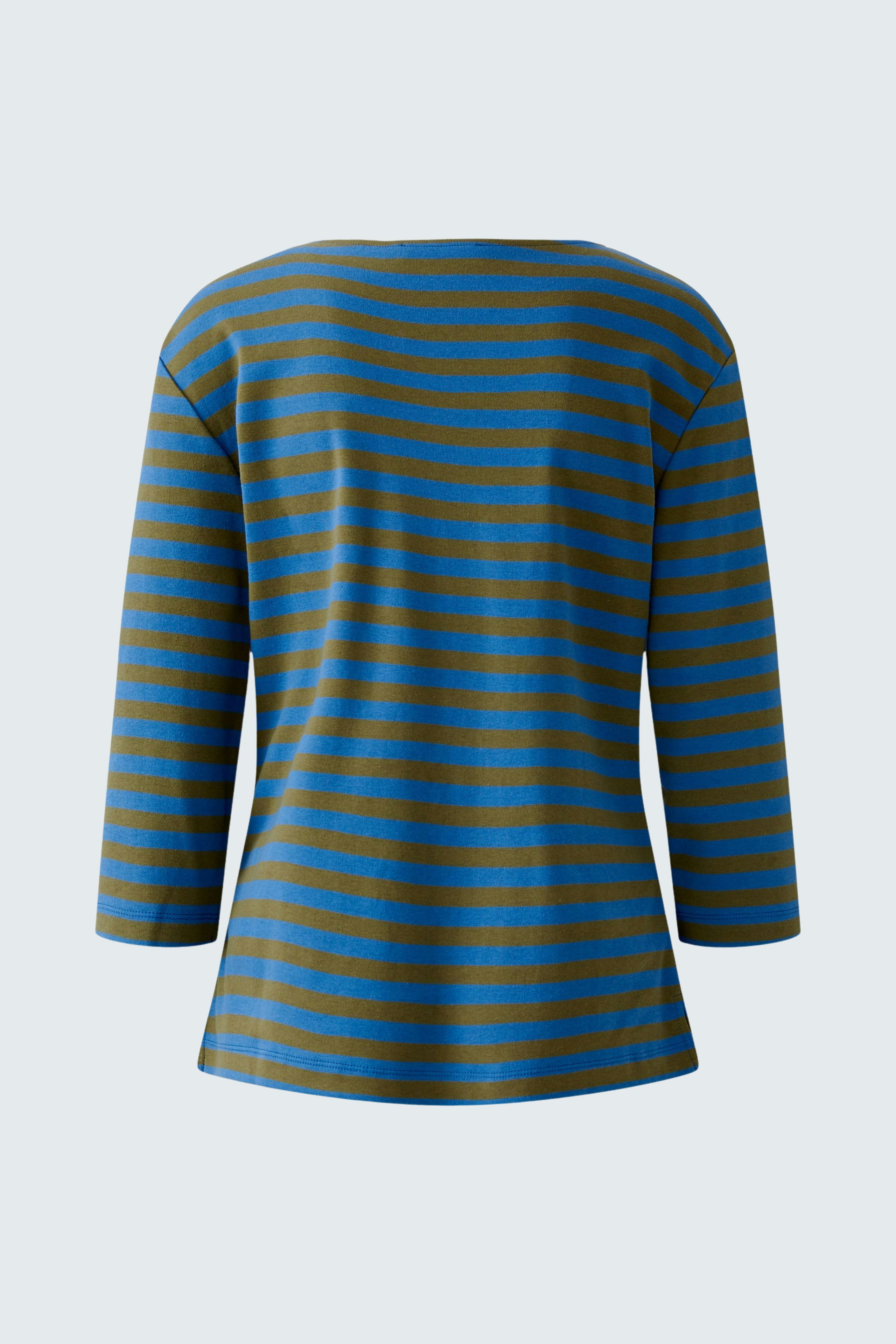 Bequemes Langarmshirt: Rückansicht eines gestreiften Shirts in Blau und Braun, ideal für den Alltag.