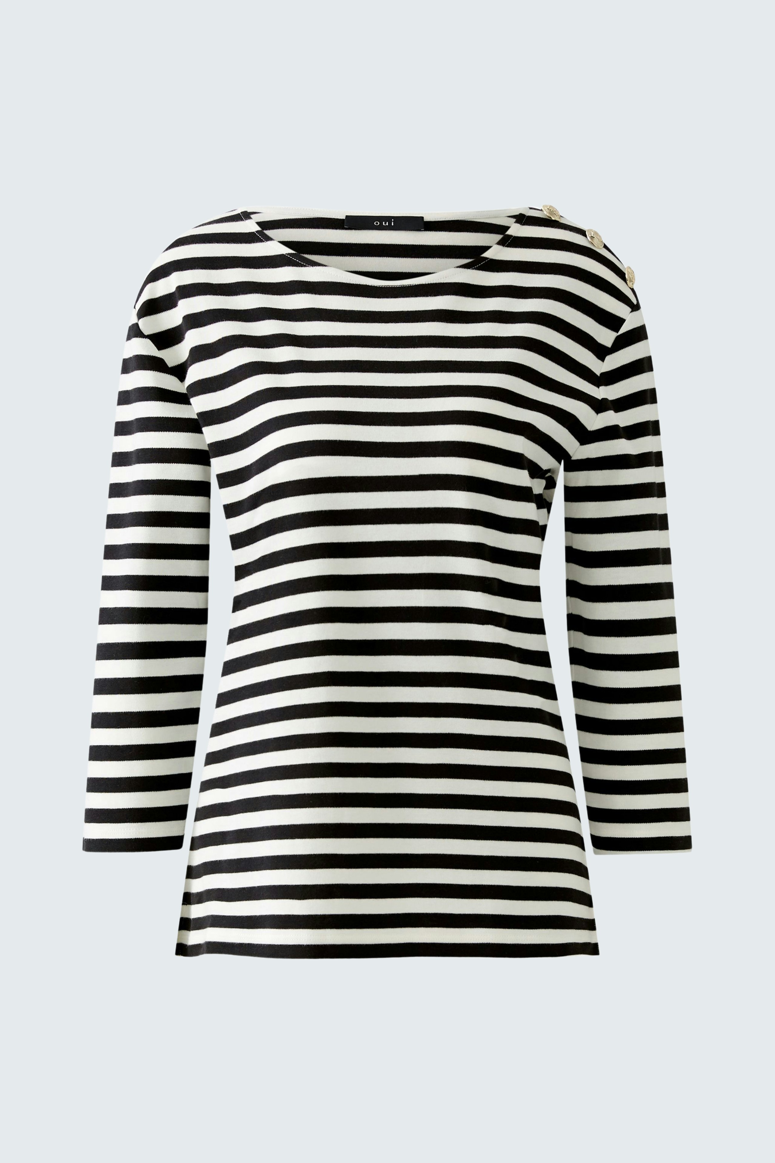 Casual women's long-sleeve shirt: Black and white striped top with a boat neckline.