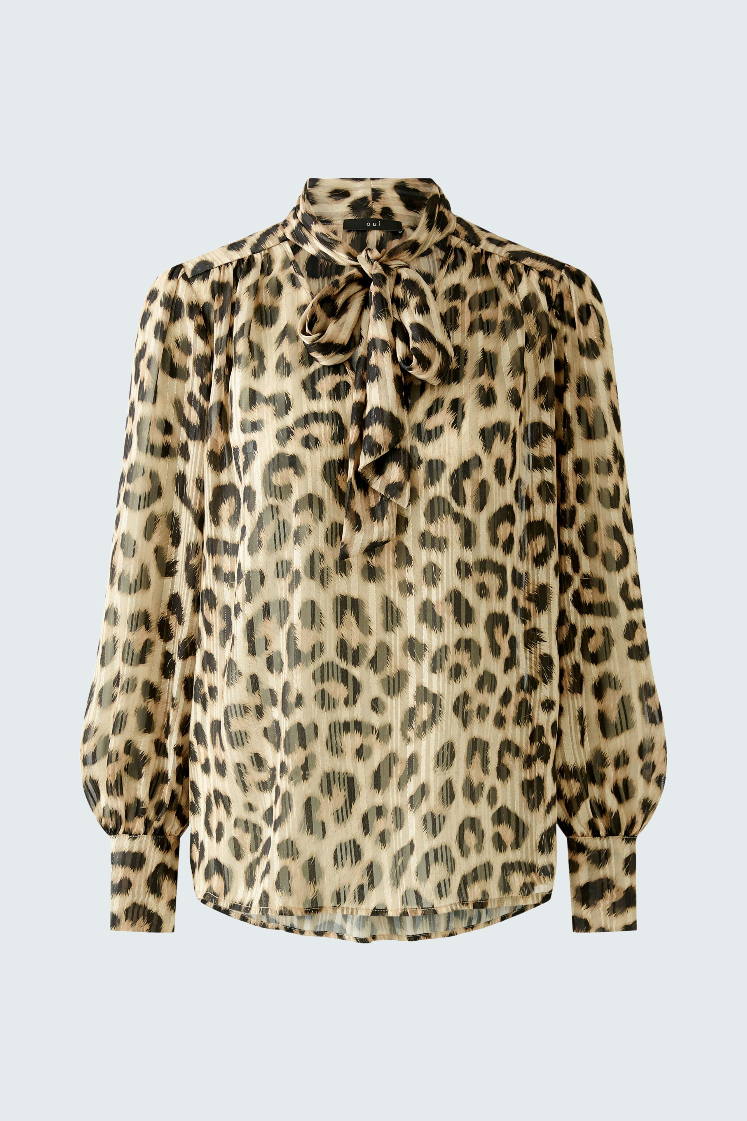 Leopard print blouse: A stylish women's blouse with a bow tie detail and balloon sleeves.
