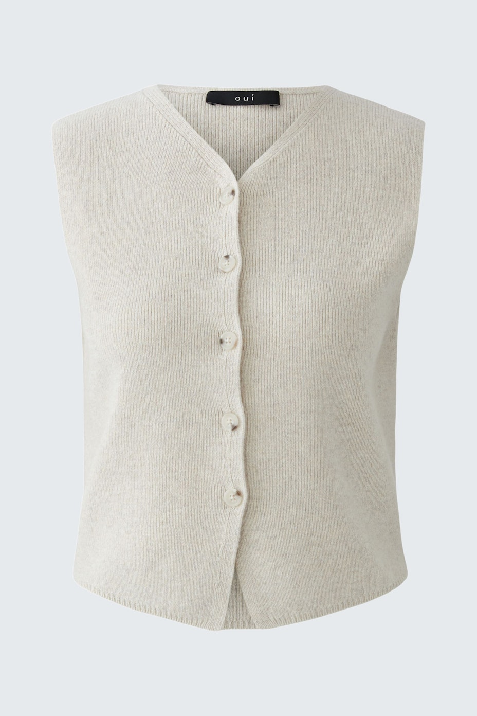 Beige Strickweste für Damen mit Knöpfen und V-Ausschnitt, ideal für lässige Outfits.