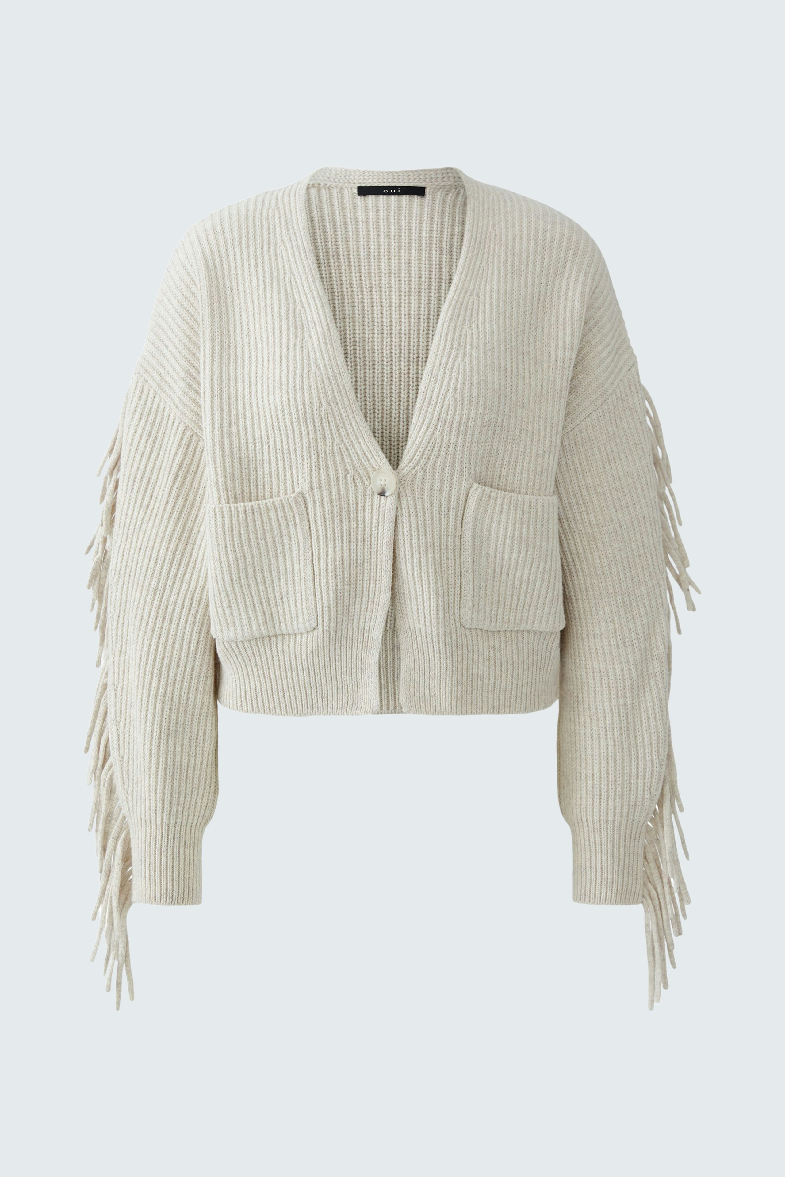 Casual women's cardigan: A light beige knit cardigan with fringe details and pockets.