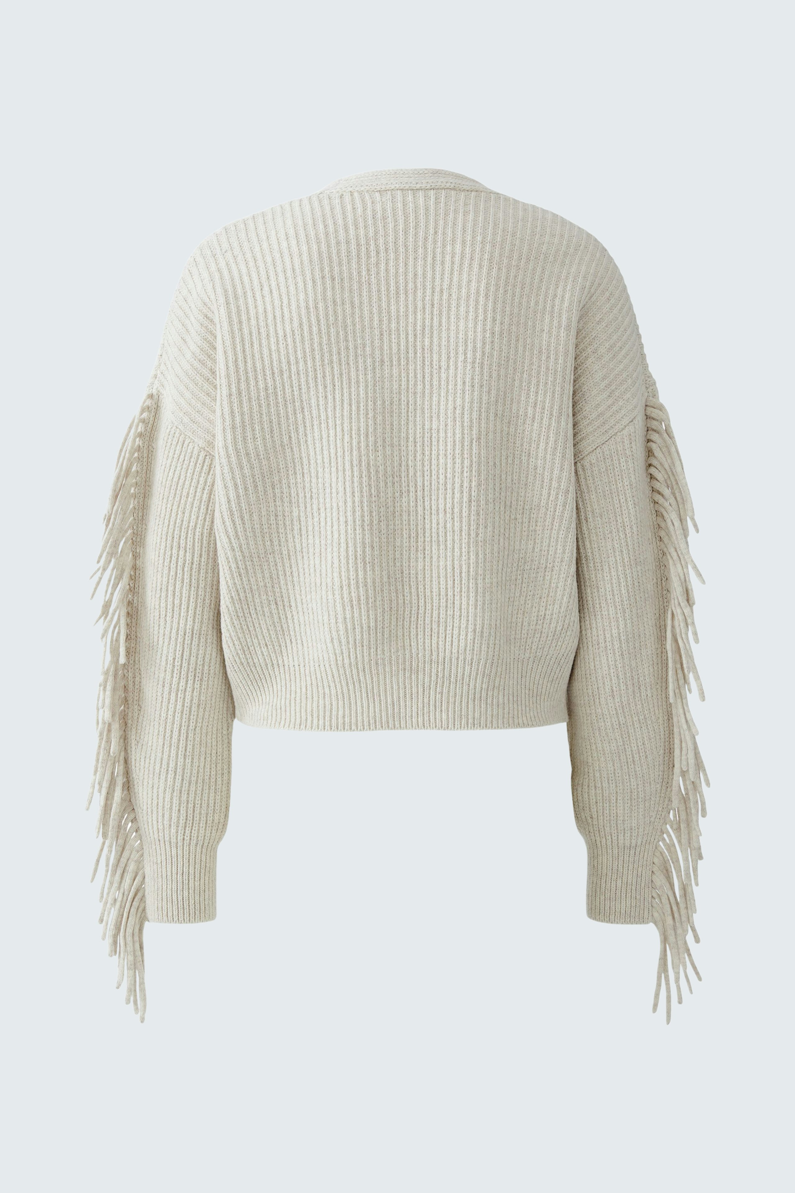 Casual women's cardigan: A light beige knit cardigan with fringed sleeves, perfect for layering.