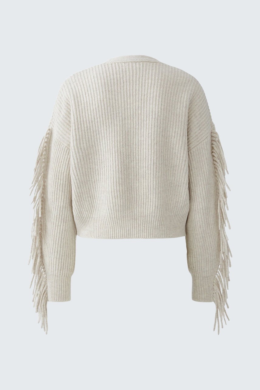 Casual women's cardigan: A light beige knit cardigan with fringed sleeves, perfect for layering.