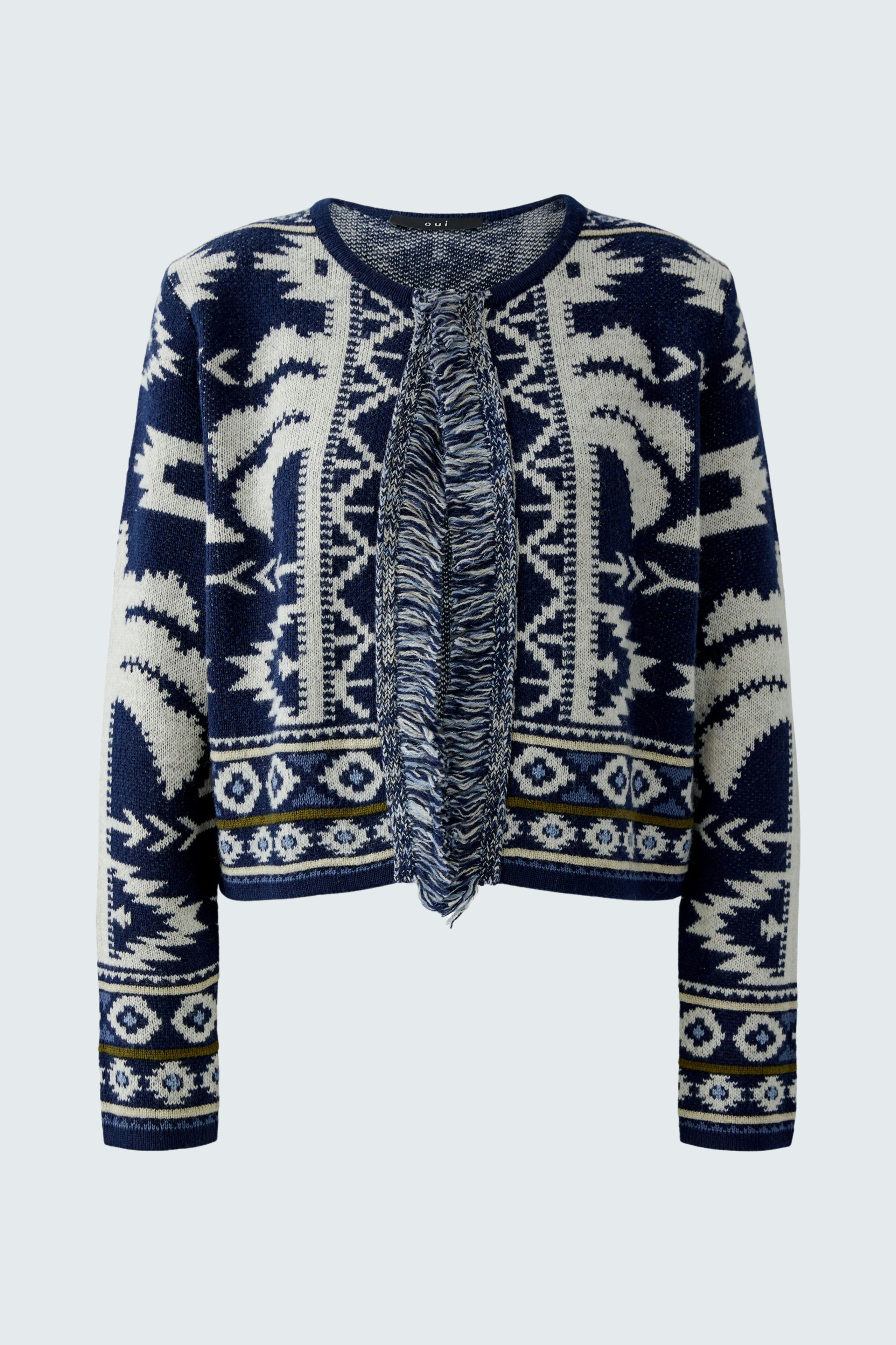 Casual women's cardigan: Navy blue with white patterns, featuring a fringed front.